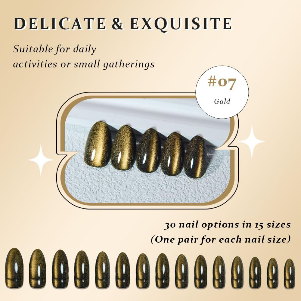 Cat Eye Gold Press on Nails Almond Short, Gold Metal Short Almond Soft Gel Press
