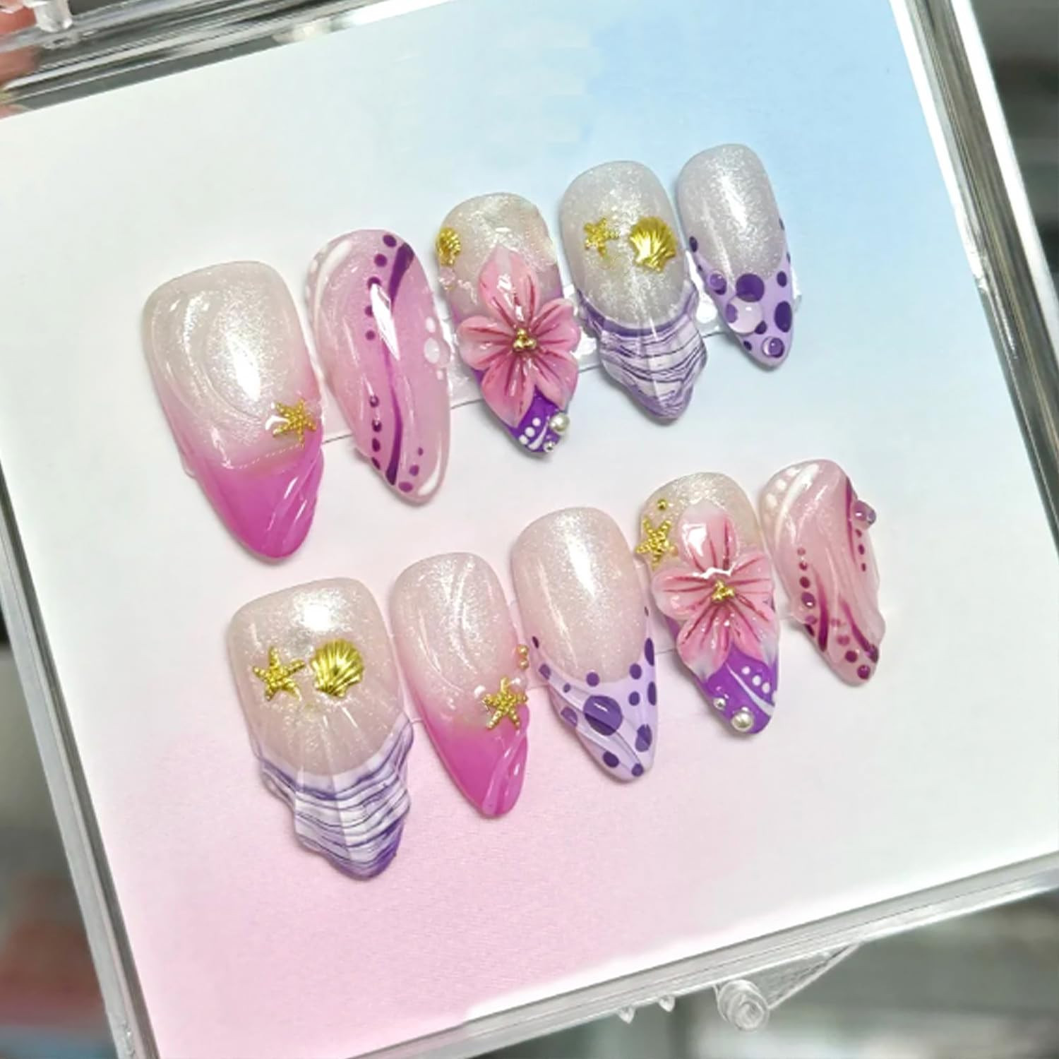 24Pcs Glitter Green Press on Nails Medium Almond Fake Nails with 3D Green Leaves