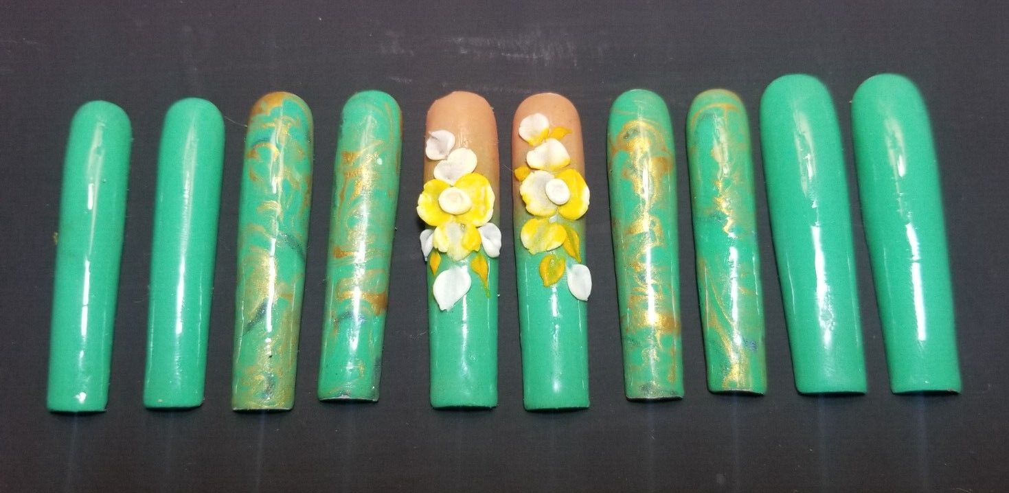 KFN Press-On|XXL Turquoise Floral Luxury Swarovski Gel Sculpted Art|10 PC
