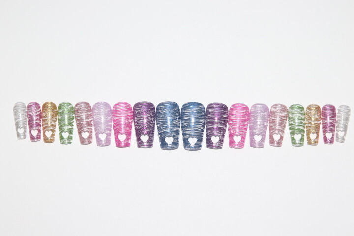 Chrome Rainbow with Heart tips- press on nail set- Set of 18 sizes 0-8