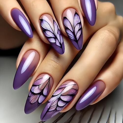 Dark Purple Gradient Press on Nails Medium Almond Shaped Pattern Purple Feather
