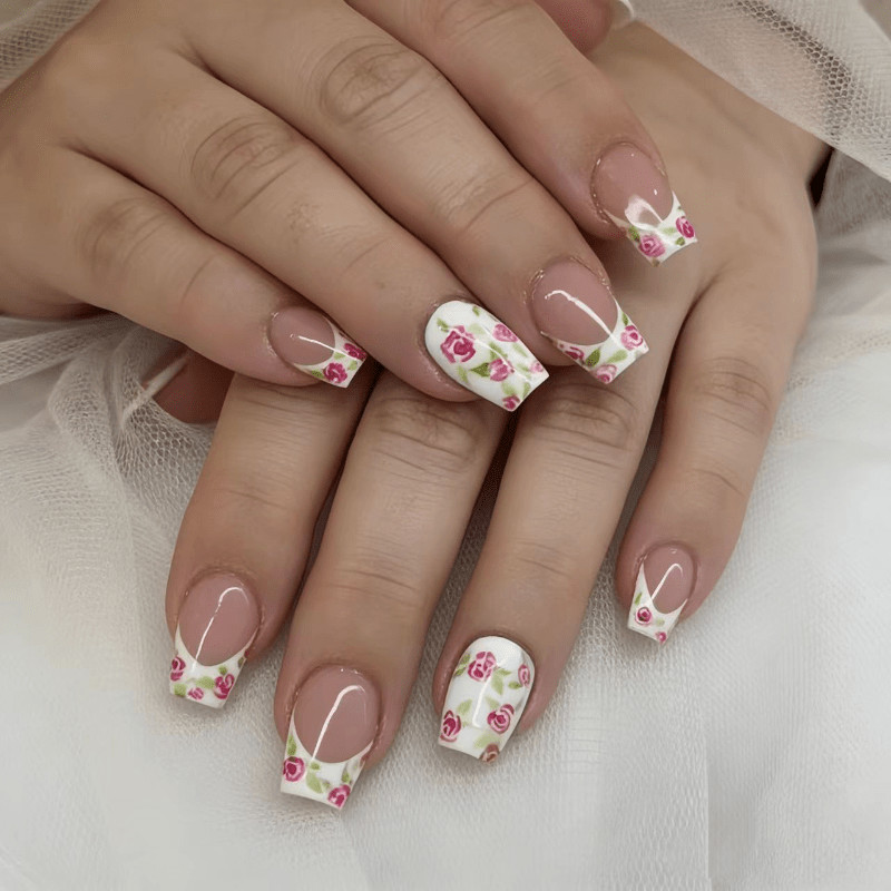 48 Pcs Rose Floral Press on Nails, Short Square Nude French Cute Fake Nails