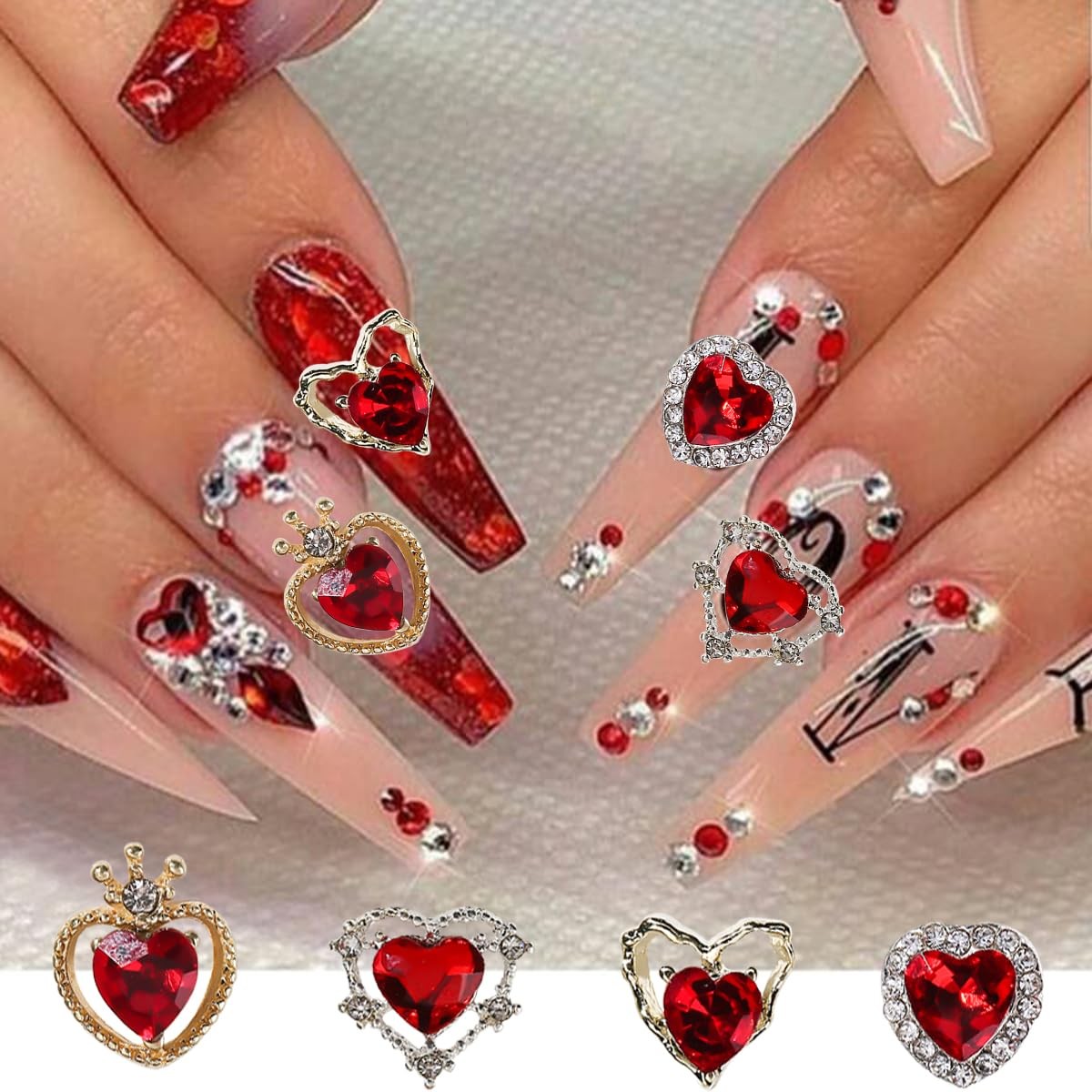 Valentines Nail Charms 22PCS Heart Rhinestone Nail Art Decorations