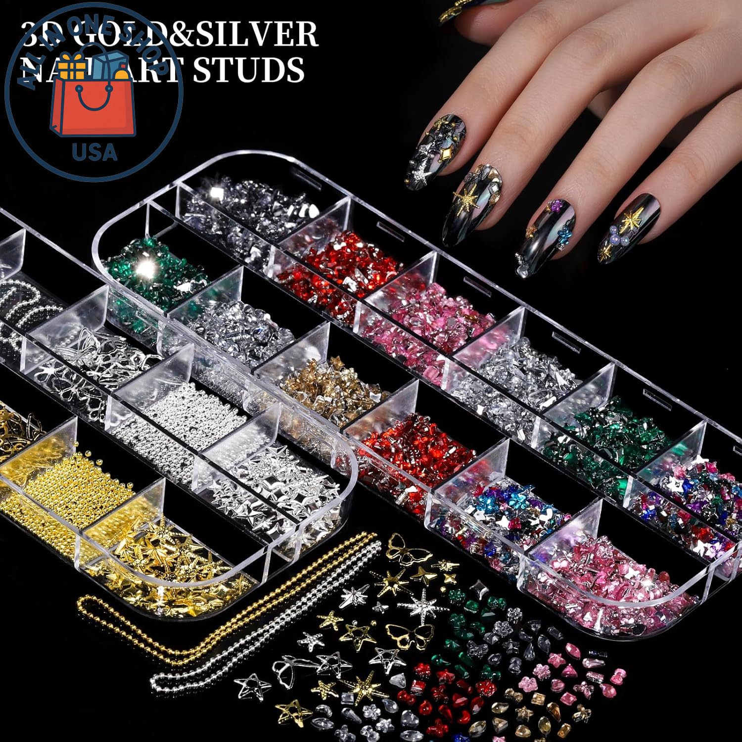 Nail Charms and Rhinestones Kit with 8 Boxes of Colorful Gems