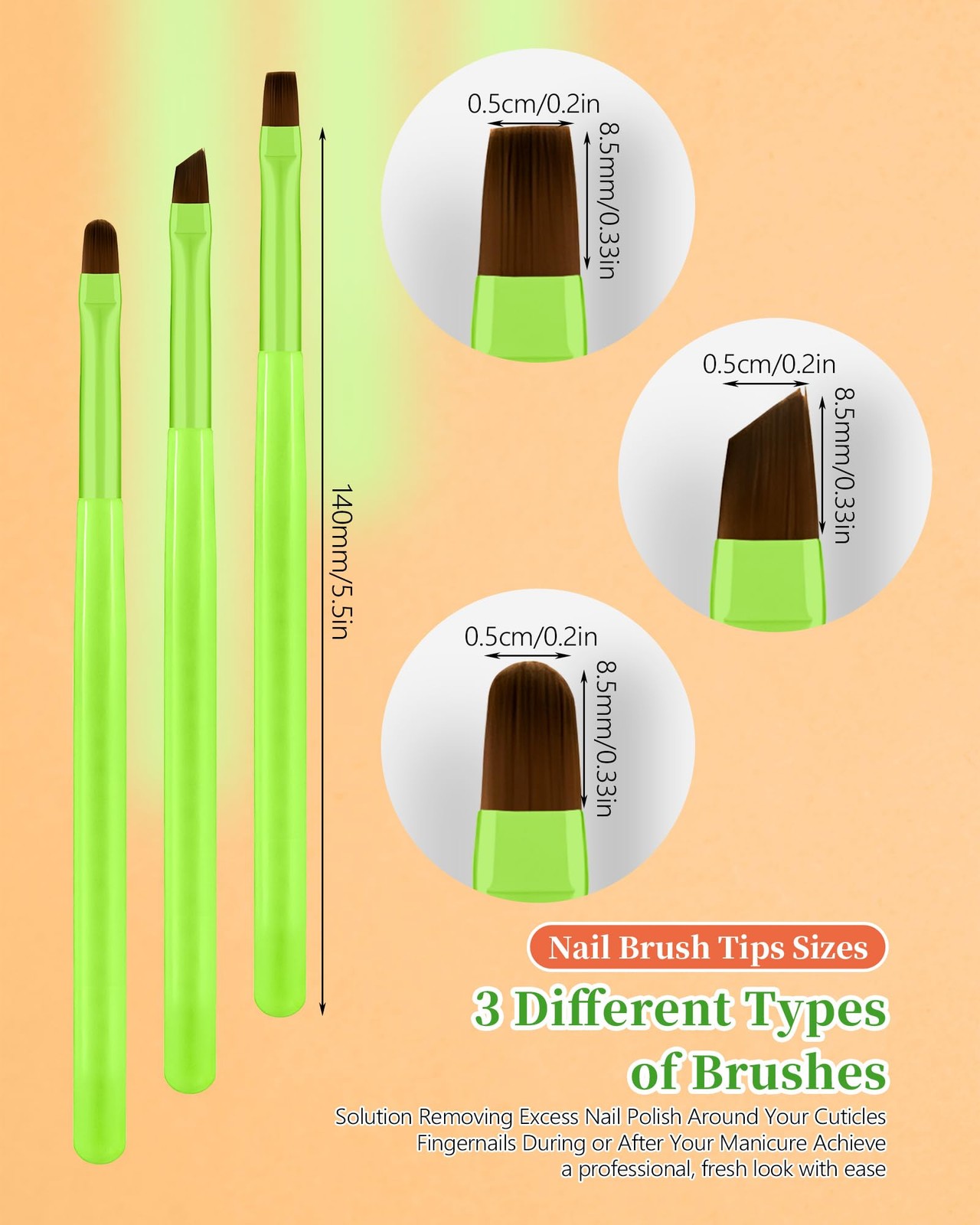 3PCS Nail Polish Clean Up Brush, Round&Falt&Angled Acetone Bright Green