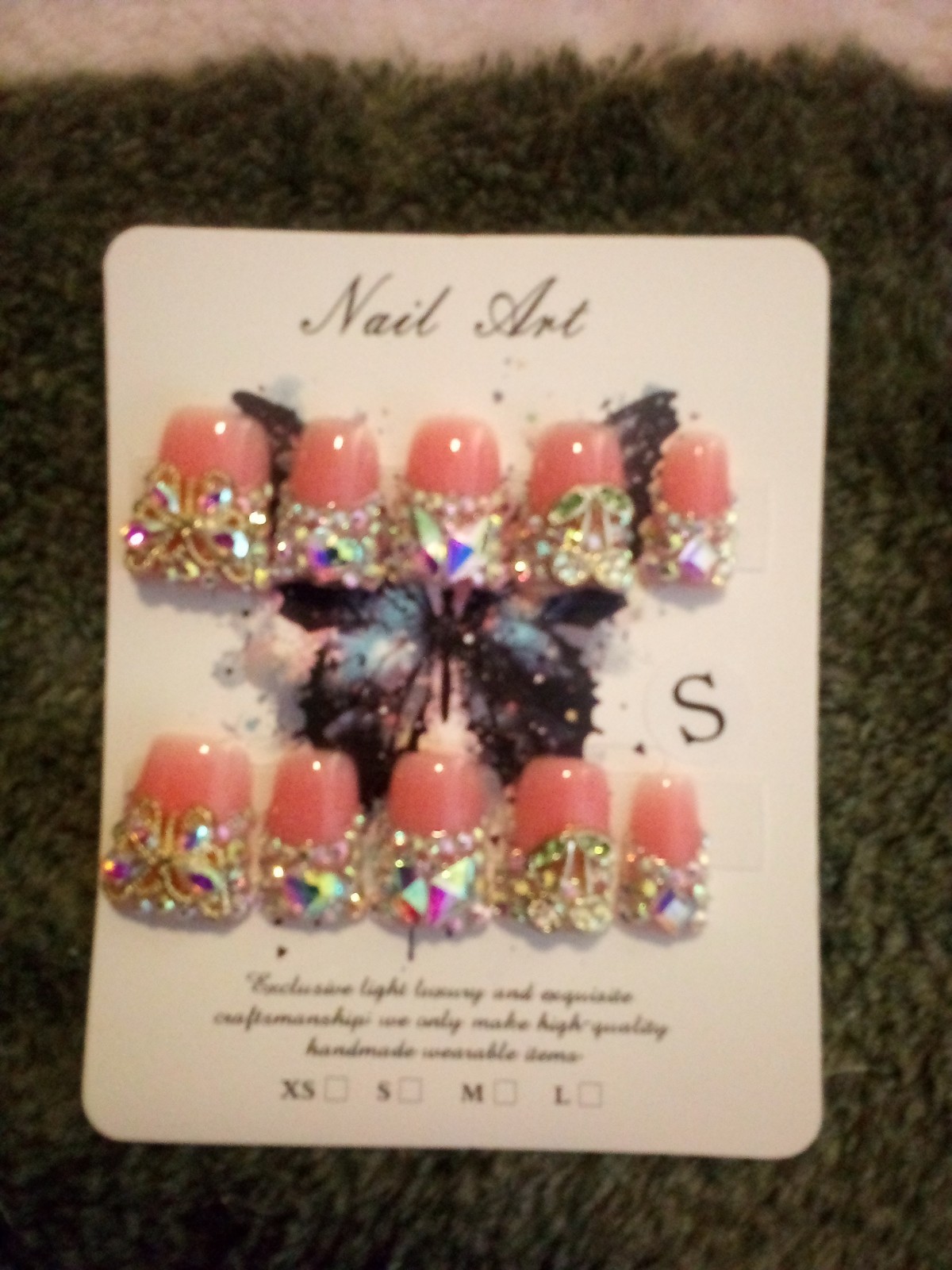 3D Shiny Press-On Nails Pink Gold Multicolor Rhinestones Full Cover Pre-Designed