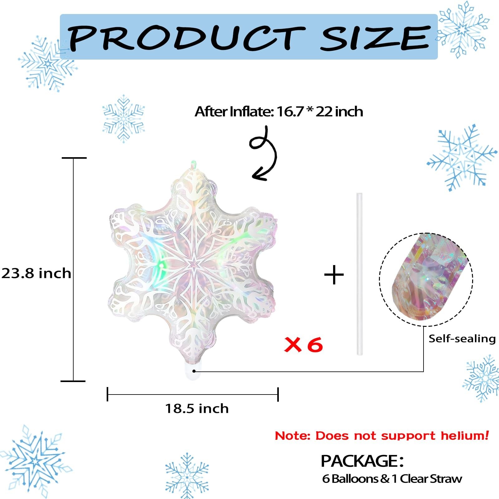 6pcs 24” Clear Iridescent Snowflake Balloons, Winter Theme Snow Foil Mylar B…
