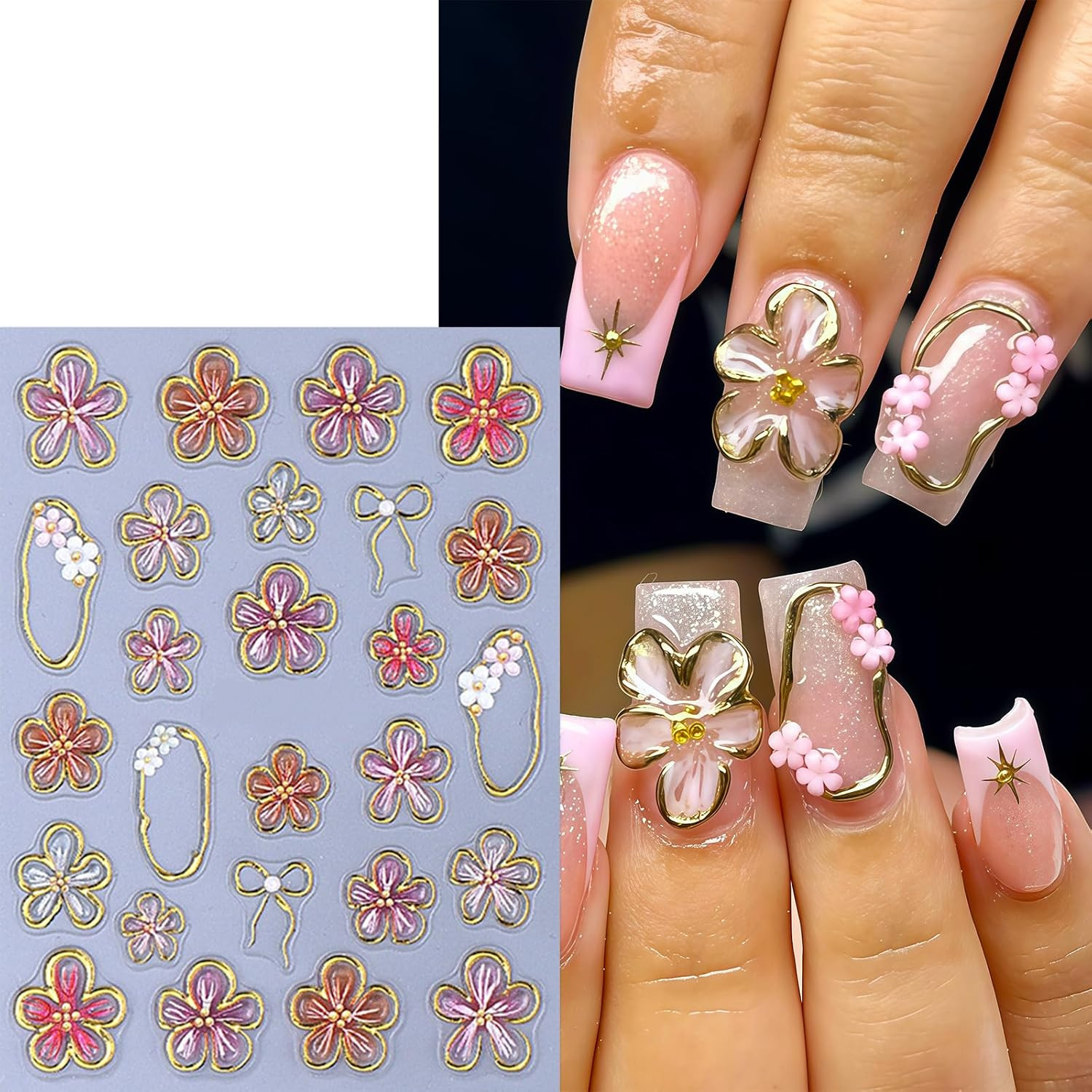 3 Sheets Flower Nail Stickers 5D Embossed Lily Flower Stickers for Nails Hibiscu