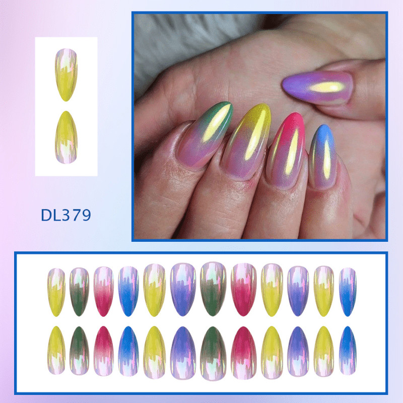 48pieces of almond shaped gradient rainbow wearing nail art with dazzling colors