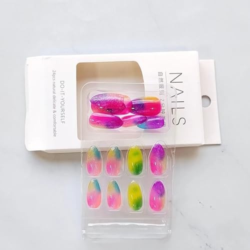 24 Pcs Cat Eye Summer Press on Nails Short Almond Colorful Fake Nails AH-01
