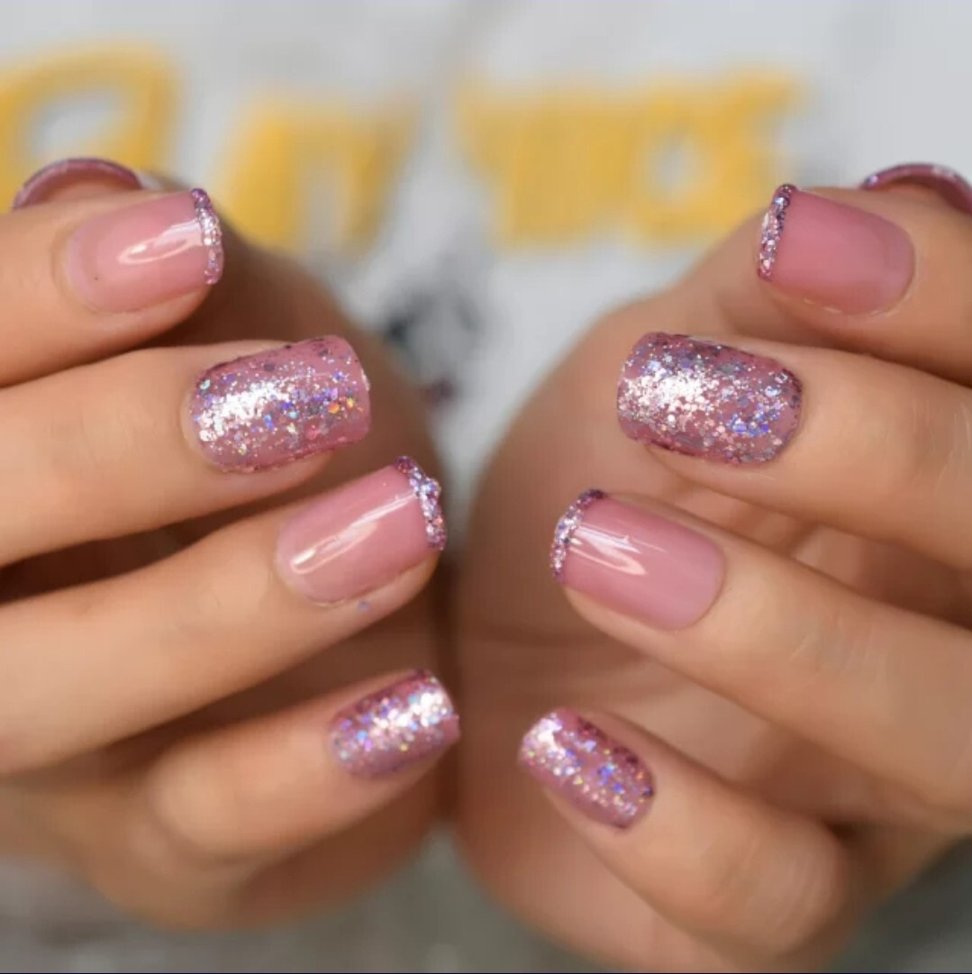24 Short Press on nails kit w glue pink purple glitter