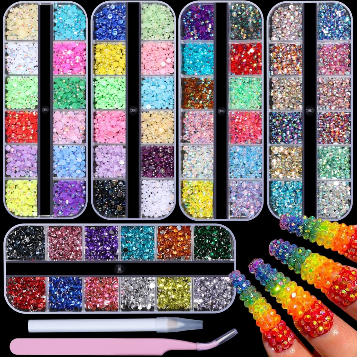 5 Boxes 7200Pcs Sparkling Crystal Nail Rhinestones Pearls Kit, Flatback Multicol