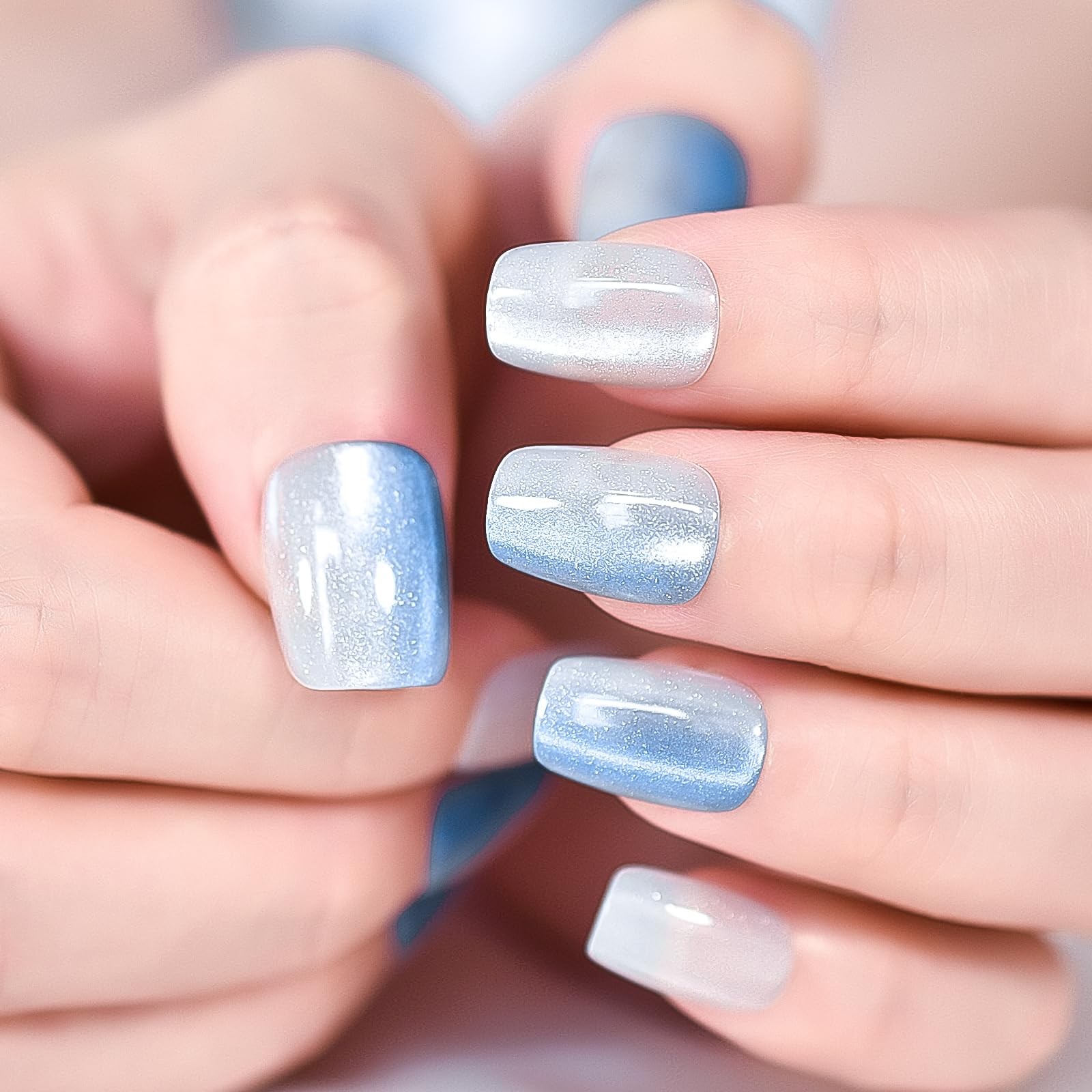 30pcs Glossy Ombre Blue Press On Nails Cat Eye Salon Manicure Medium Coffin S…