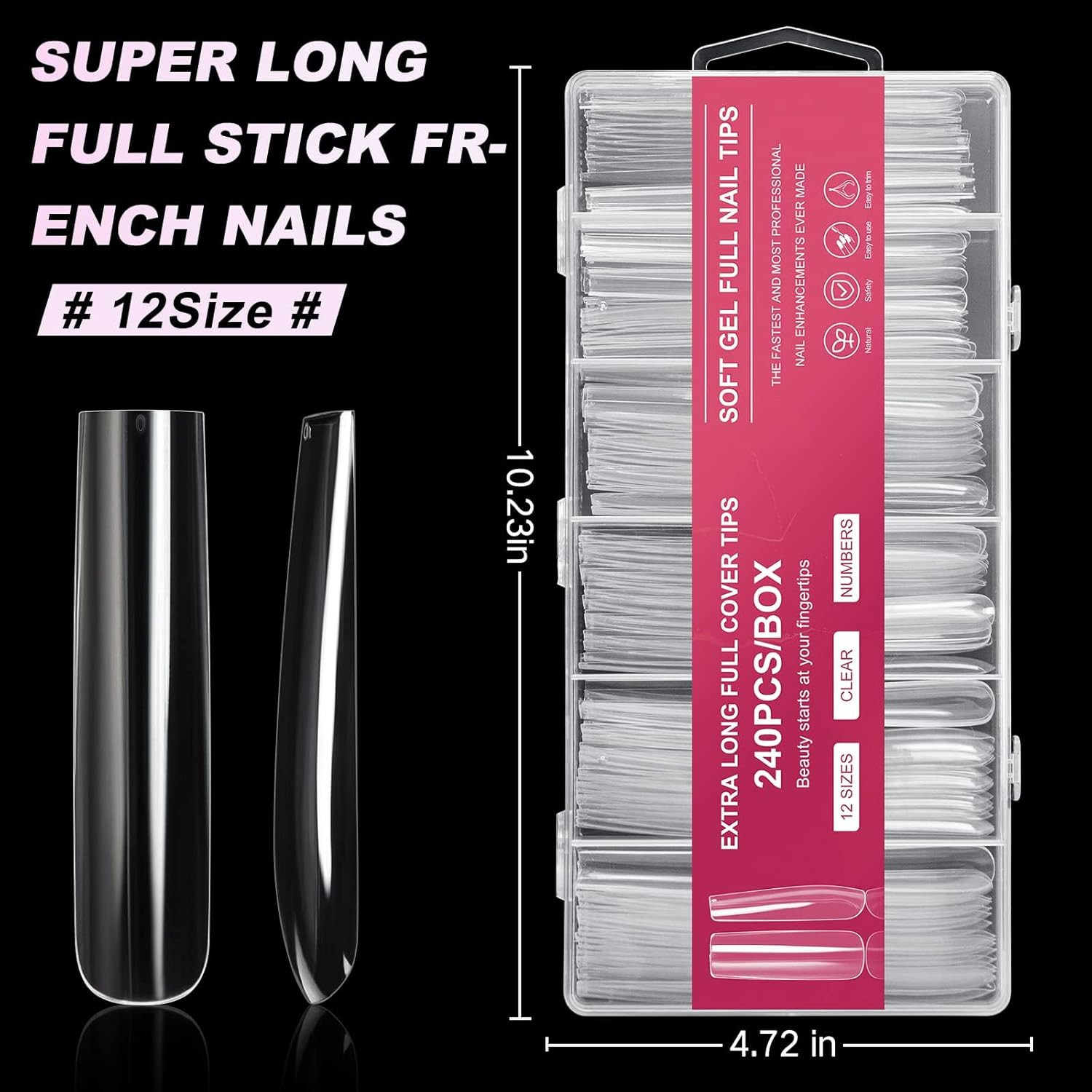 Nail Tips Full Cover Clear Square Acrylic Fake Nails Set 240PCS 12 Sizes Boxed