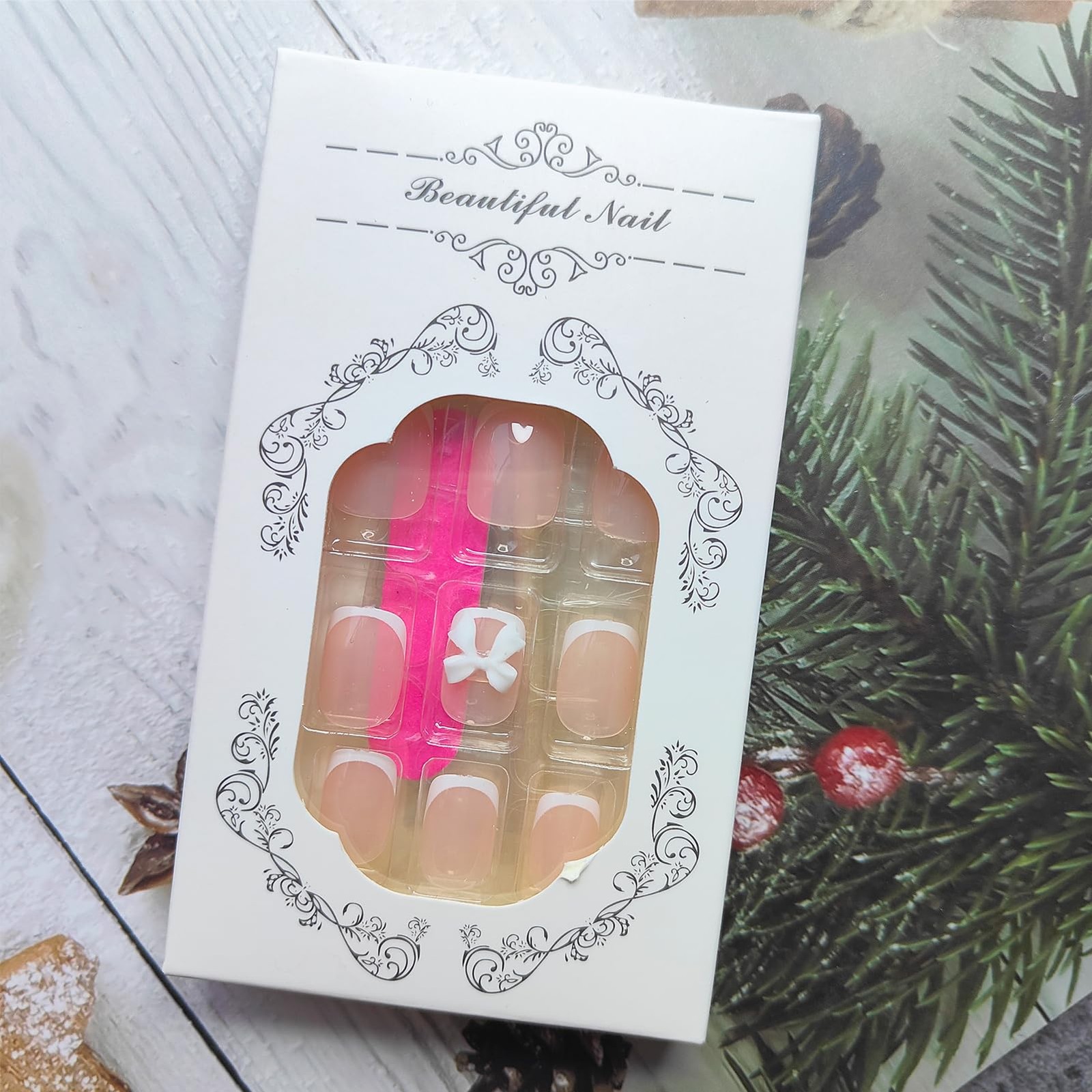 French Tip Press on Nails – Short Square Fake Nude False Nails With 3D Resin …