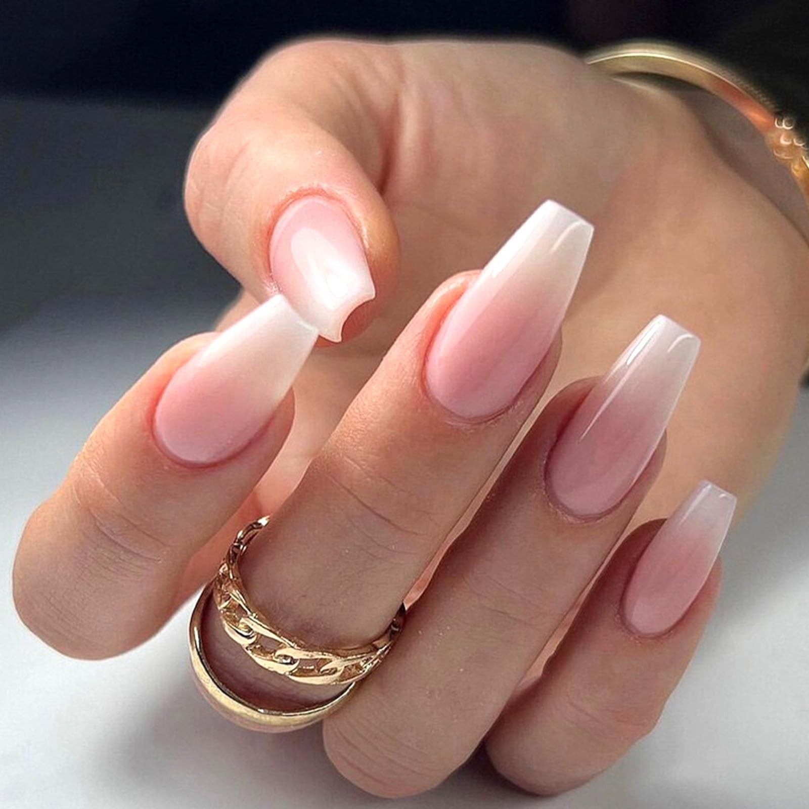 Coffin Press on Nails Medium White Gradient False Nails with Glossy Design Gl…