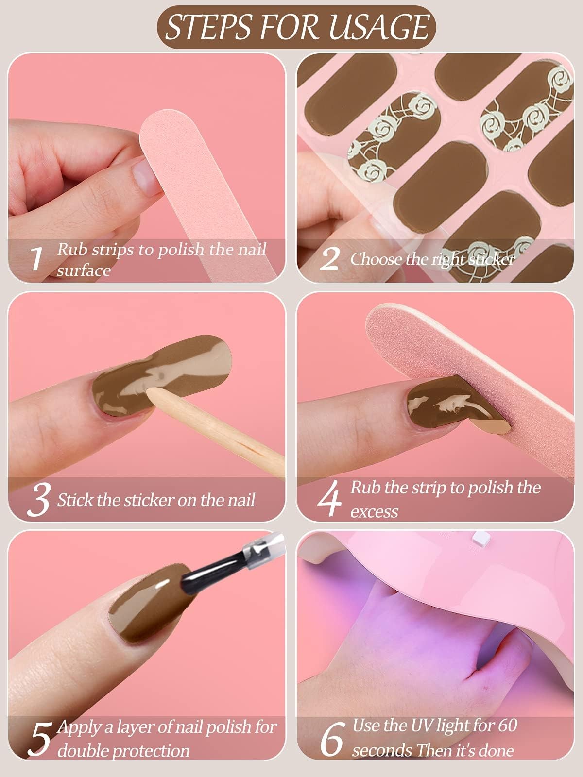 40PCS Gel Nail Polish Strips, Kalolary Brown Rose Full Cover Gel Nail Stickers