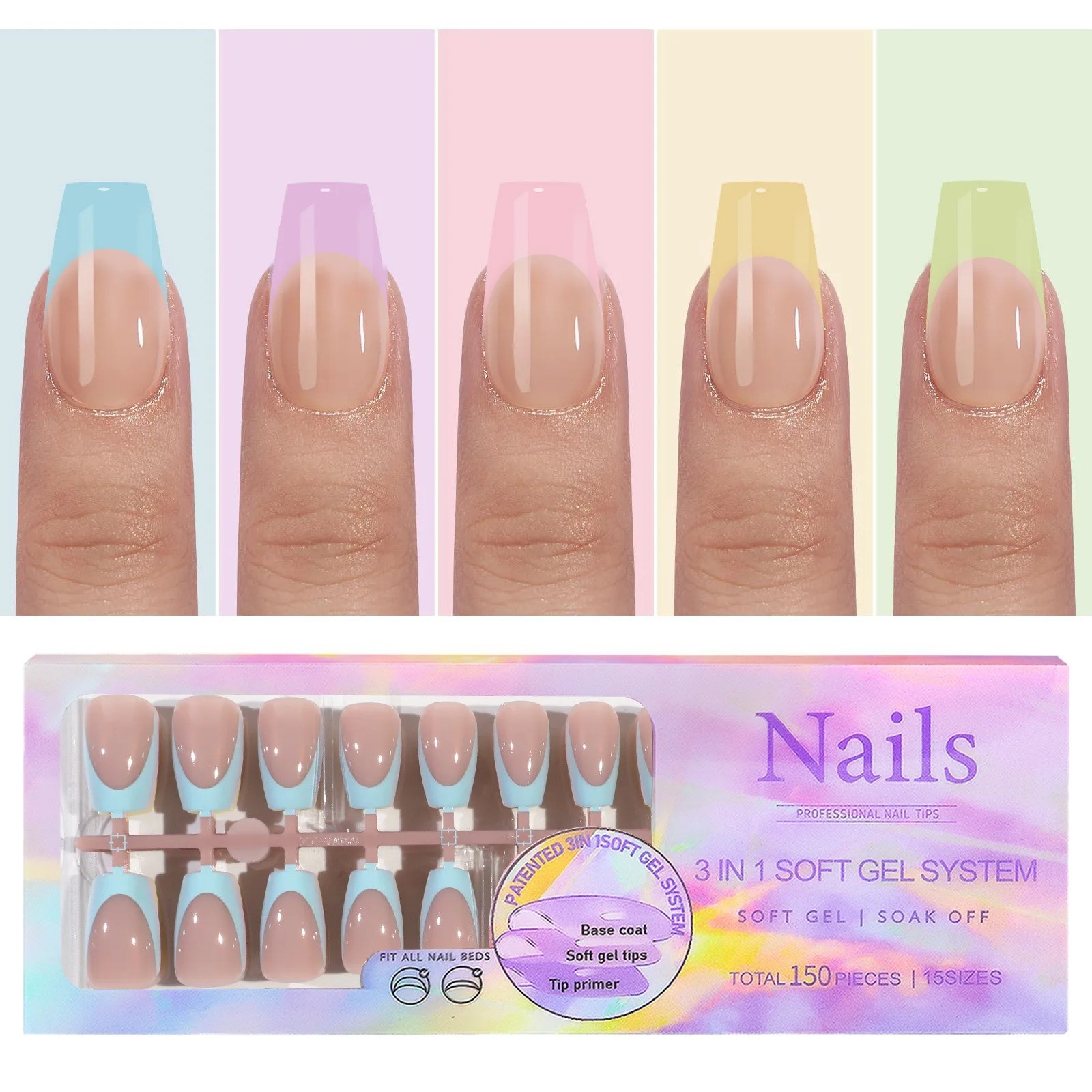 150pcs 6 Colors Fake Nail Multi-size False Nail Press On Acrylic Nails Almond Fr