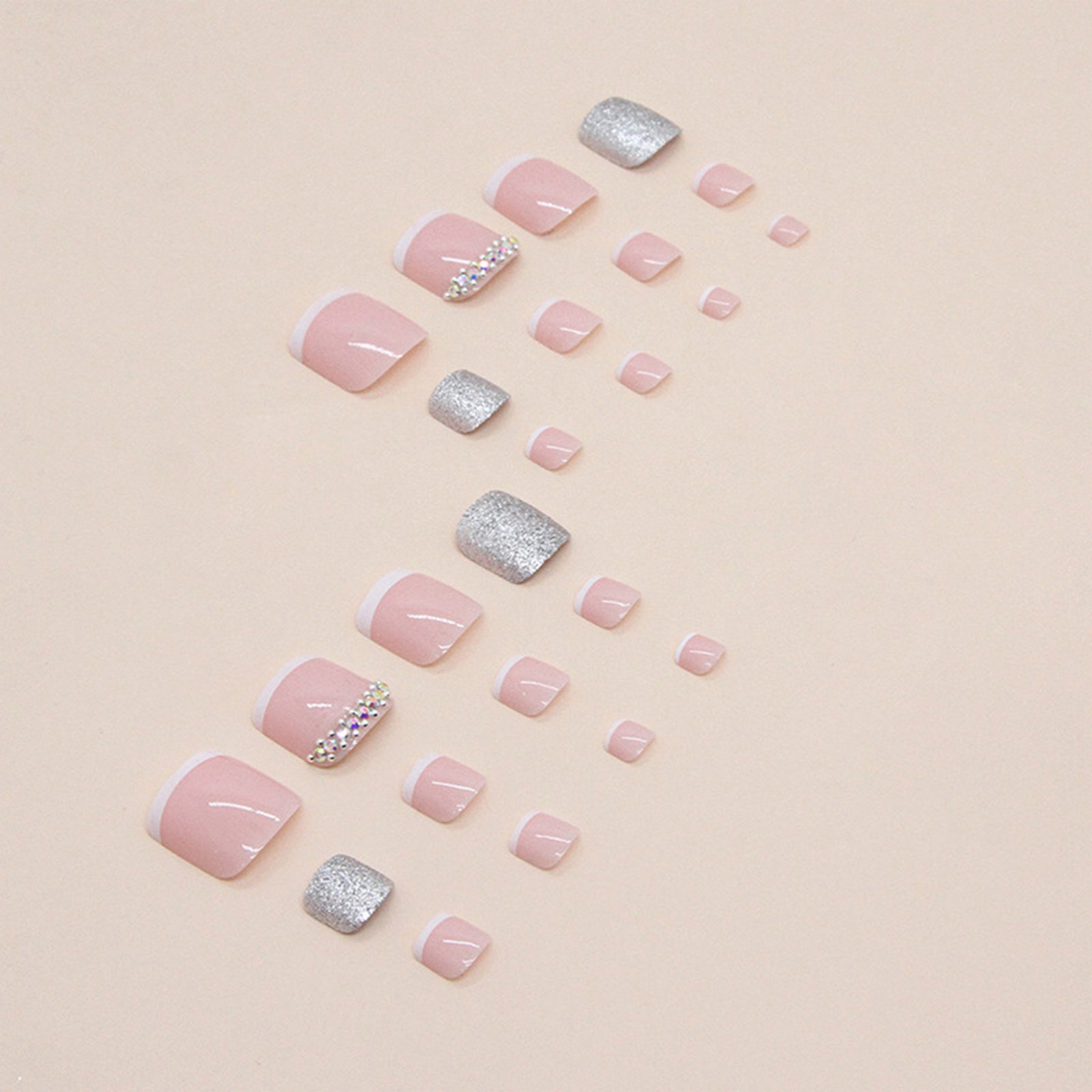 Glitter Press on Toenails Pink Short Fake Toenails Square False Toe Nail with Rh