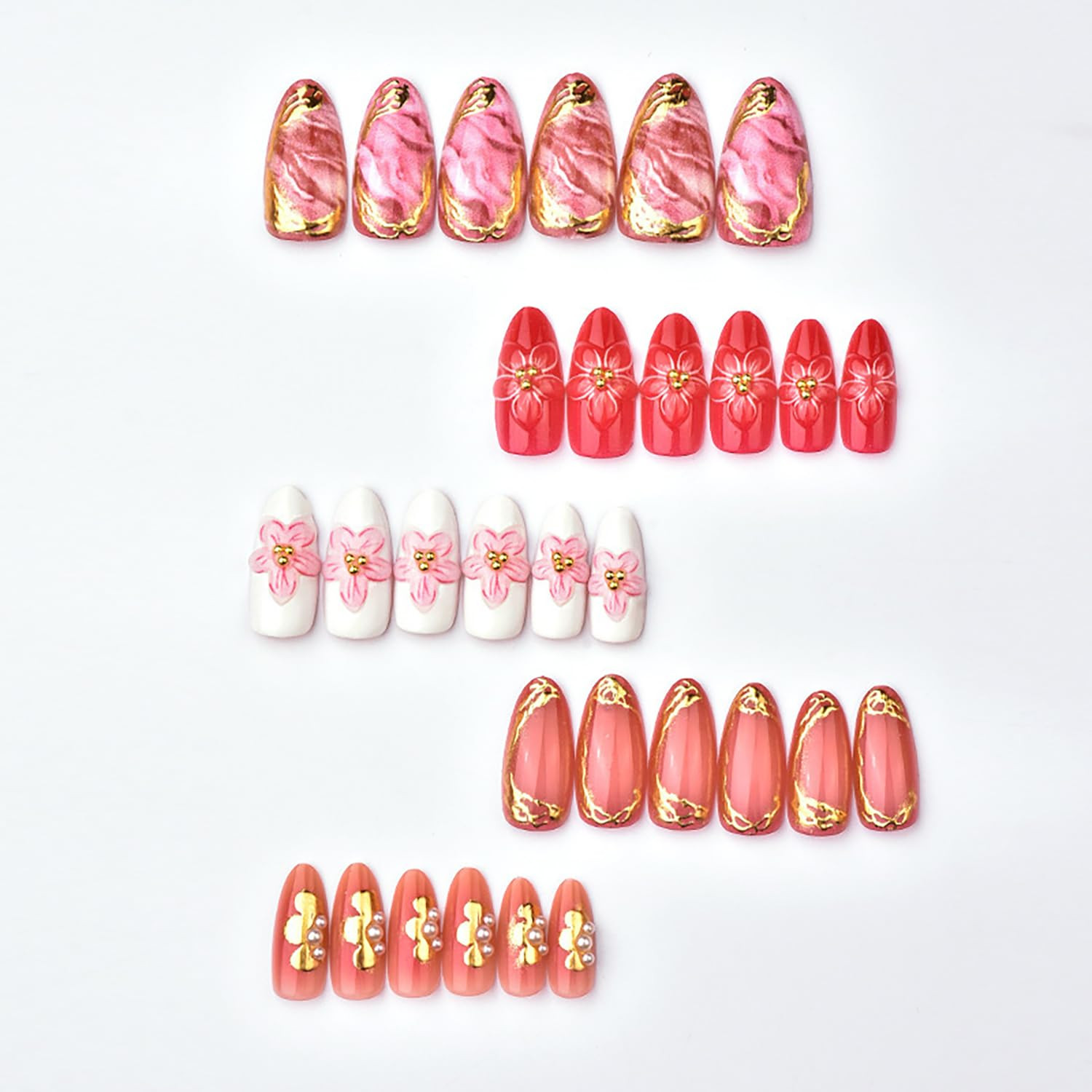 30Pcs Pink Press on Nails Medium Almond Fake Nails with 3D Flowers Pearl Designs