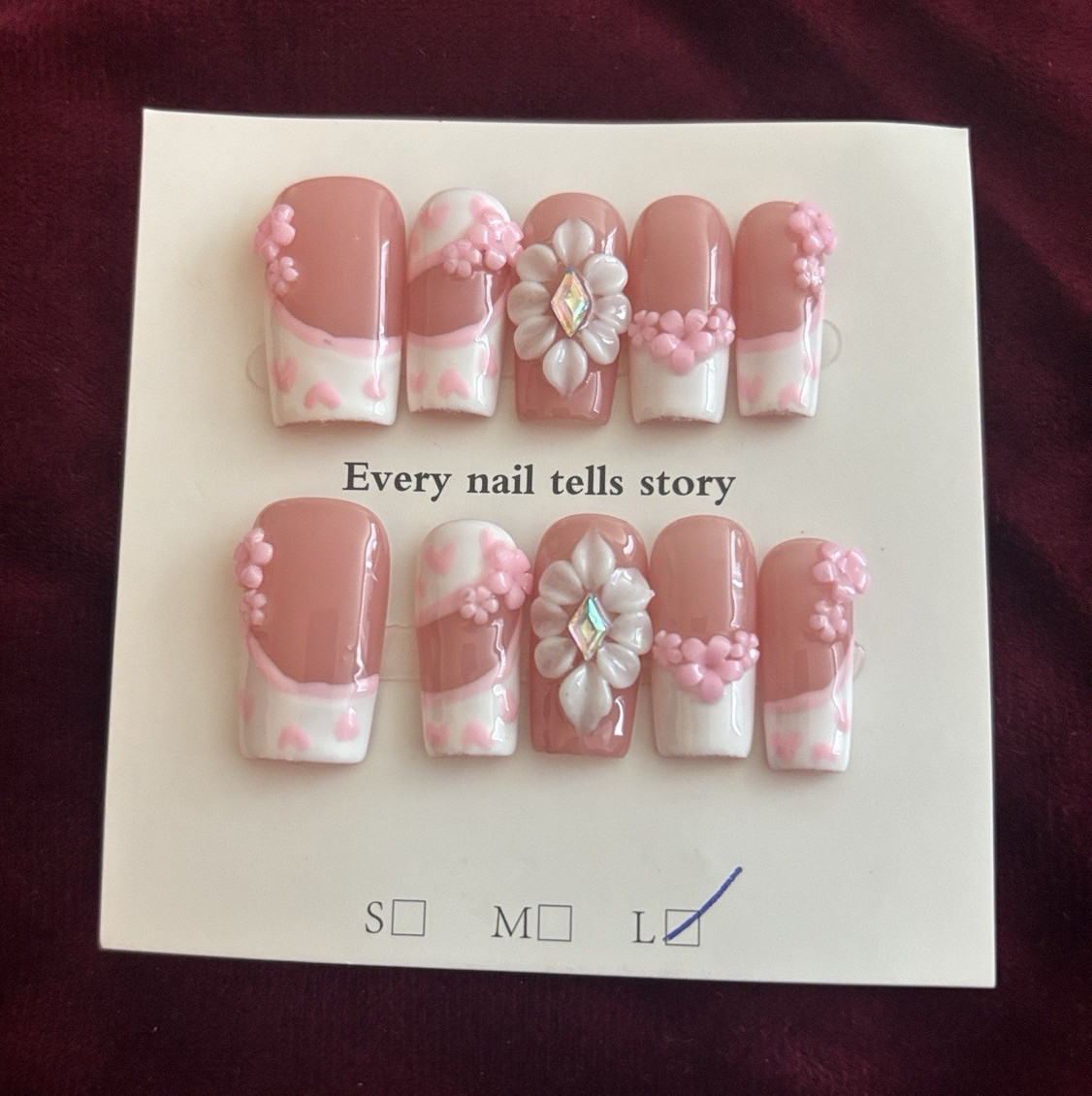Press-On Nails Set Pink/White 3D Flowers Pre-Designed Long Square Full Cover