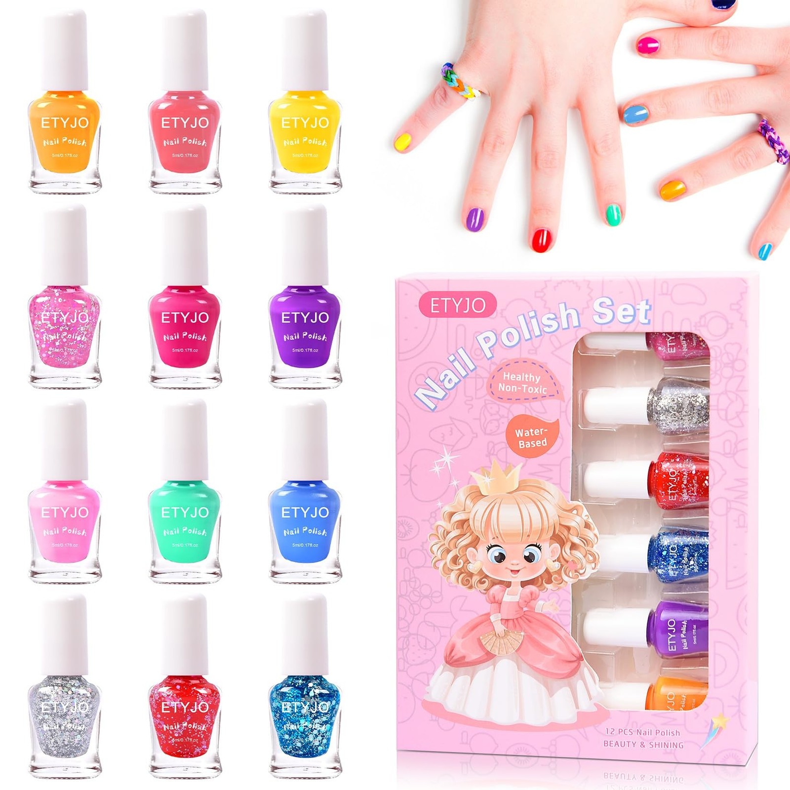 Kids Nail Polish Set – 12 Glitter Colors, Non-Toxic, Water-Based Peel-off, Qu…