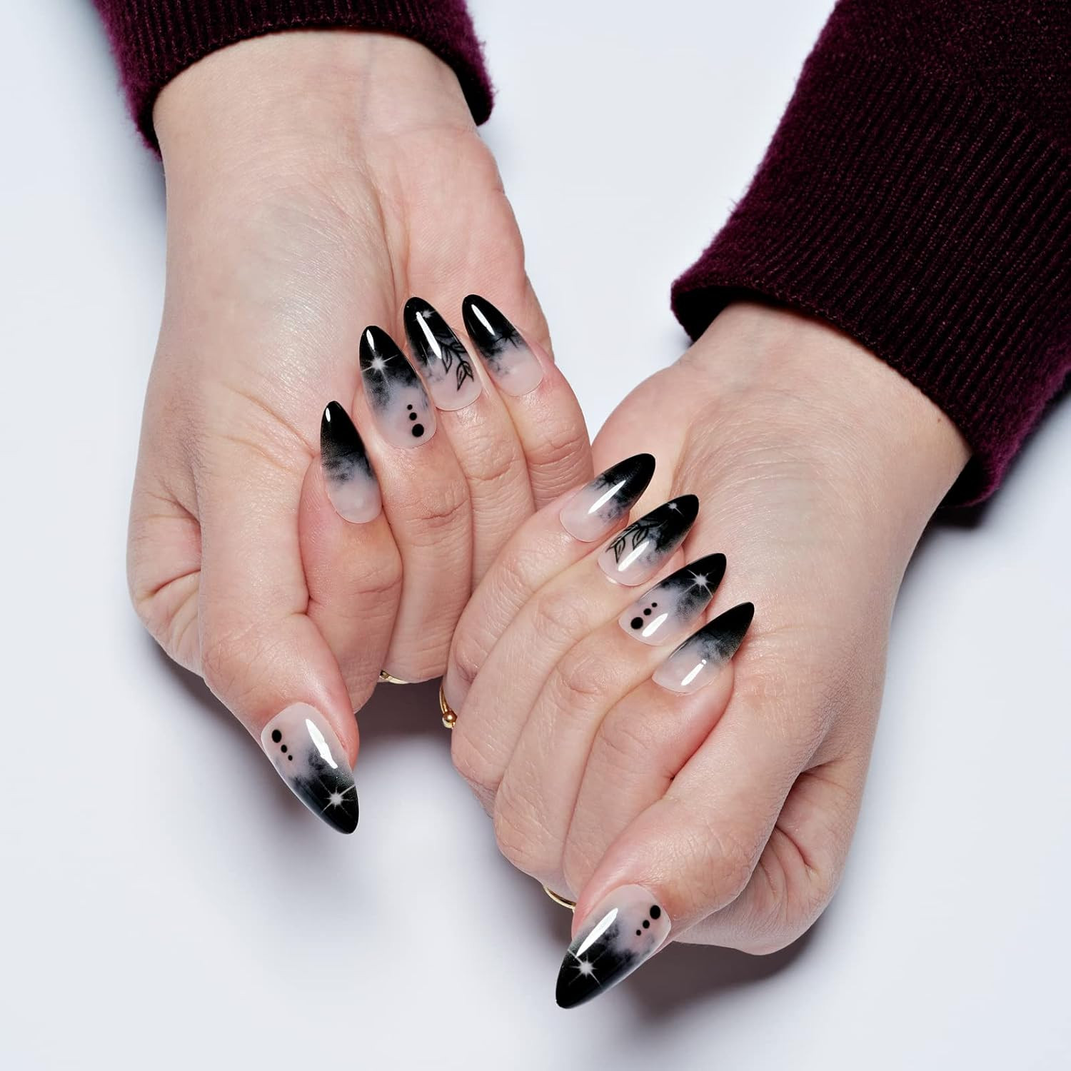 Press on Nails Medium Almond, Gothic Black Ombre French Tip Gel Glue on Nail, Gl