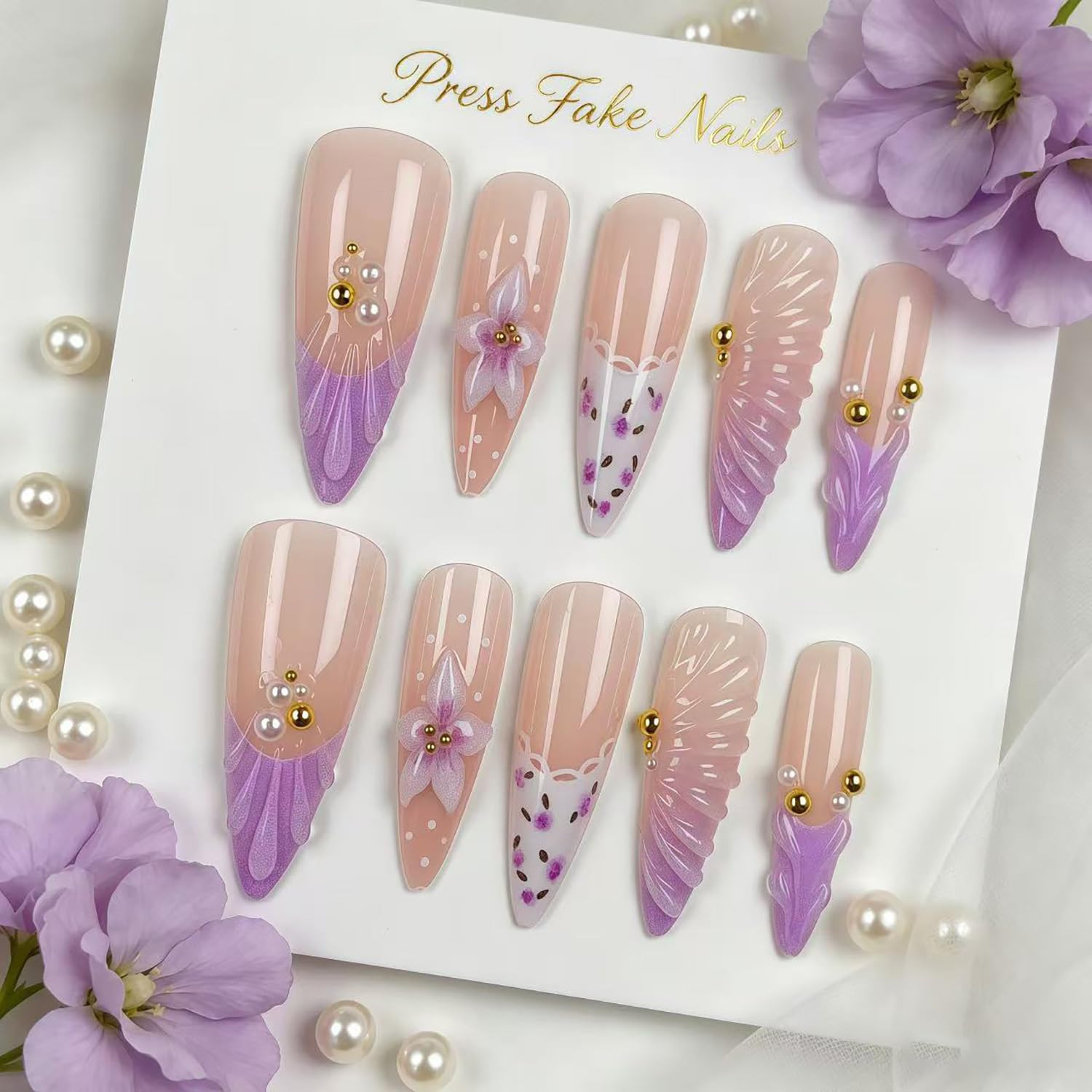 24 Pcs Purple French Tip Press on Nails Flower False Nails with Spring Summer Fl
