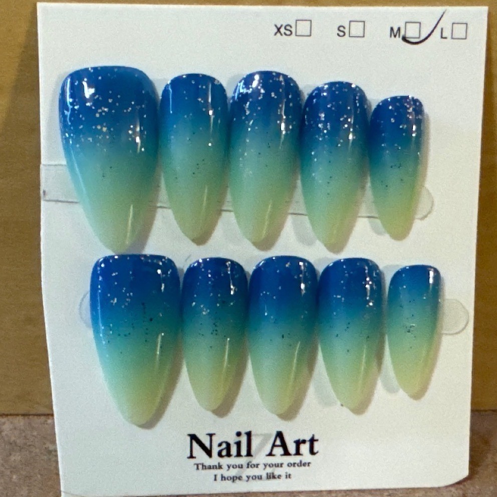 Blue Mint Green Ombre Glitter Press On Nails Long Almond Shape Size Medium