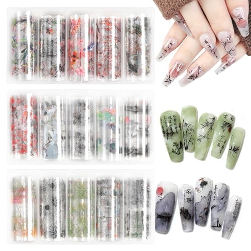 30 Rolls Nail Art Foil Transfer Nail Foil Wraps Bamboo, Landscape Painting