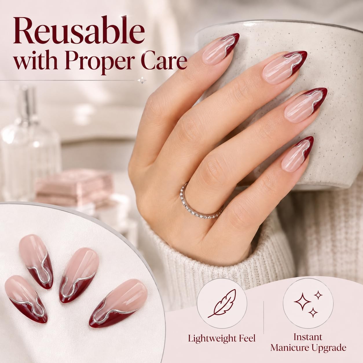Press on Nails Medium Almond 3D Wine Red French Tip Fake Nails