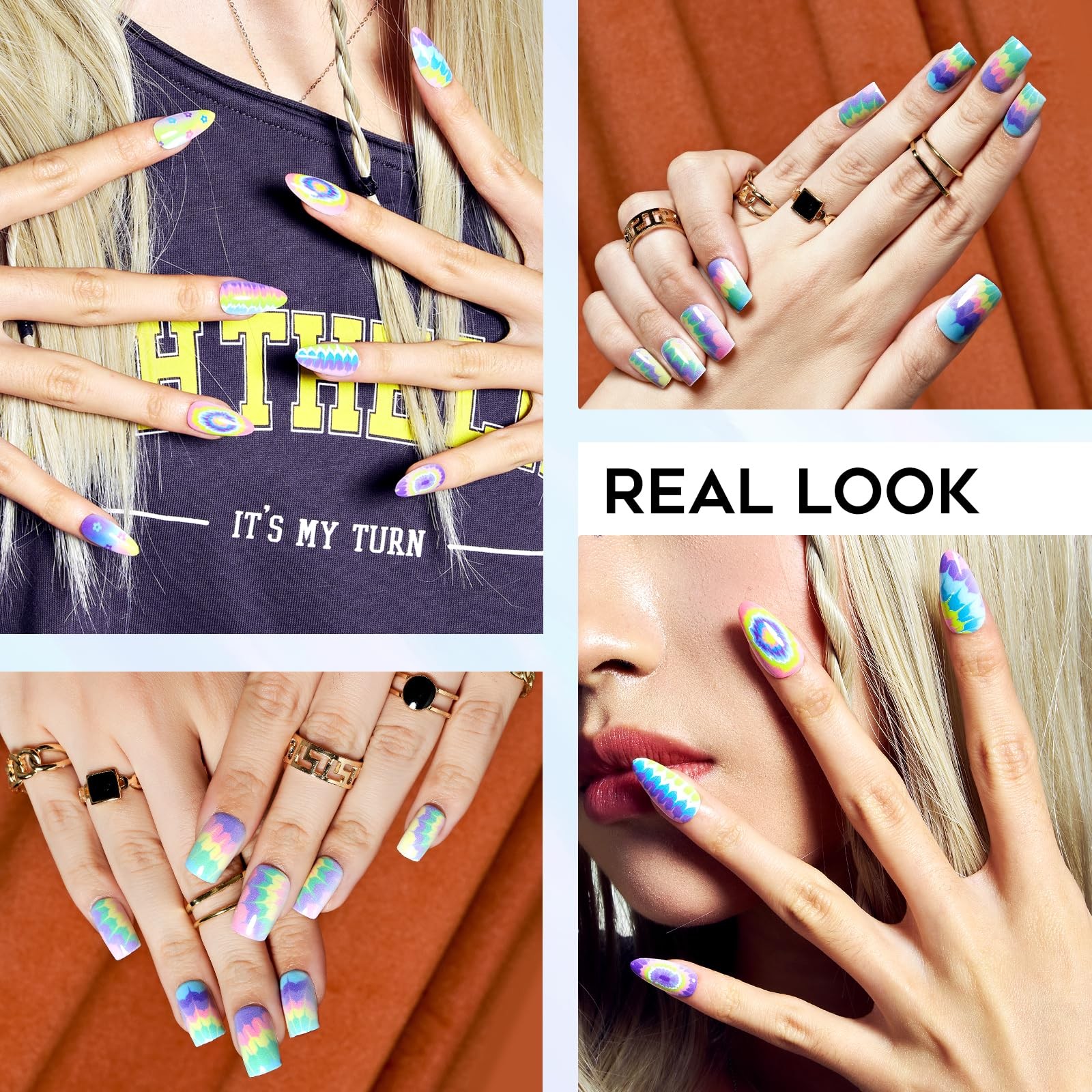48Pcs Ombre Press on Nails Medium Almond, Tie Dye Fake Nails Short Stiletto, …