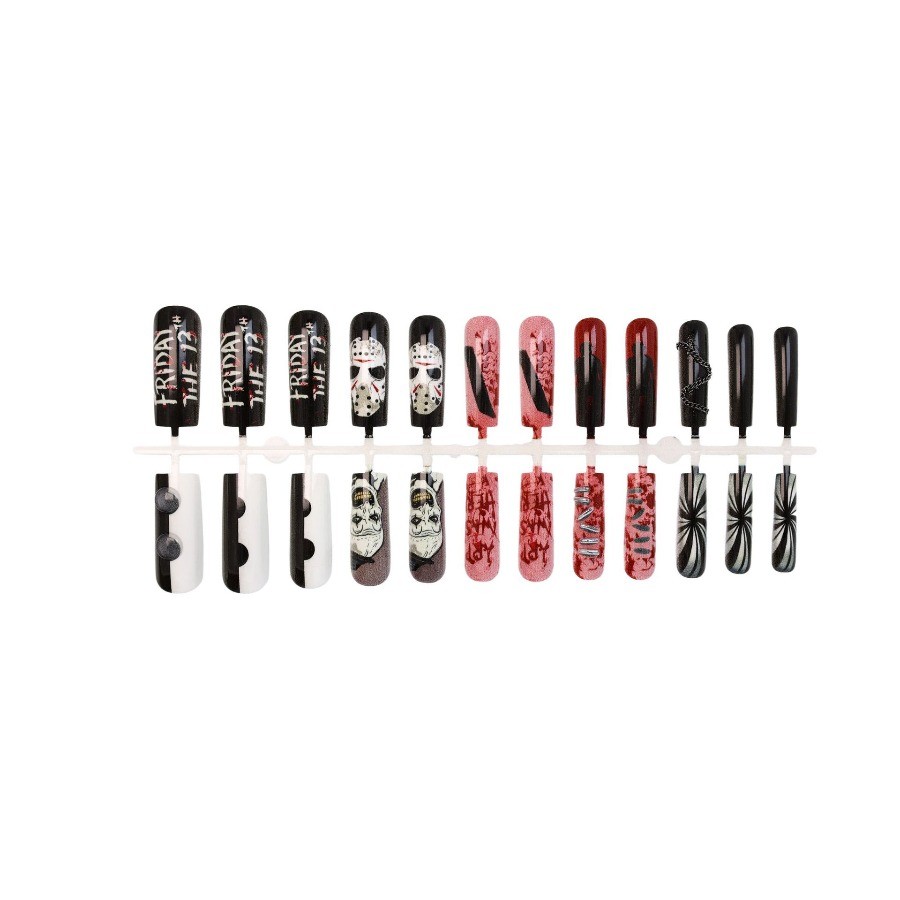 48Pcs-Long Coffin Horror Movie Clown Mask Blood Chain Fake Press on Nails Set