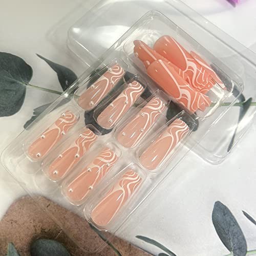 Extra Long Press on Nails Pink Square French Fake Nails, Full Cover Striped
