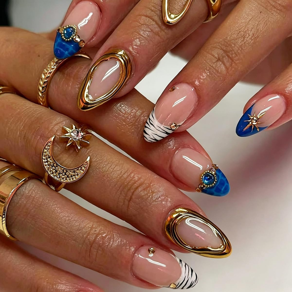 Almond Press on Nails Colorful Fake Nails Medium Summer Y2K False Nails with Str
