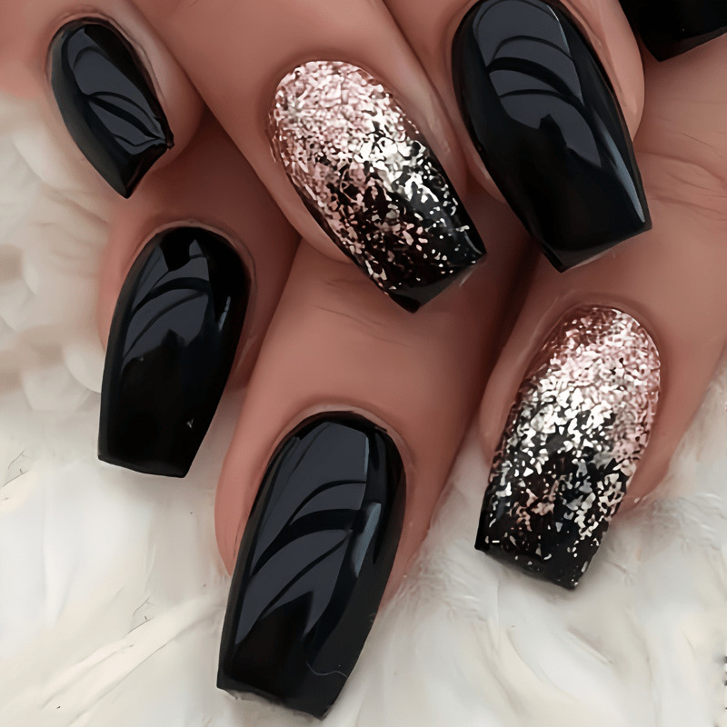 48Pcs-Black Gloss Coffin Press on Nails Rose Gold Glitter Gradient Tip Fake Nail
