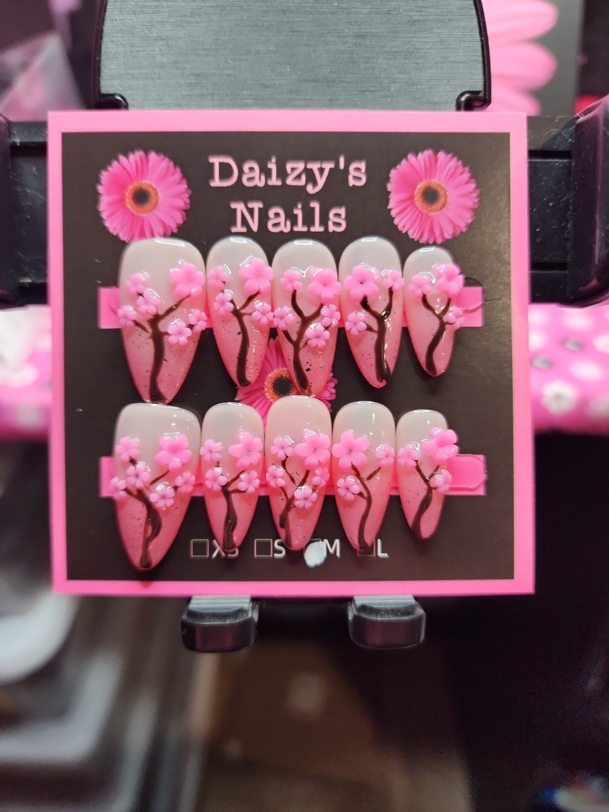 Medium Size Press-on Nail 10Pc Set Handmade Almond Cherry Blossom 2.5 Cm Length