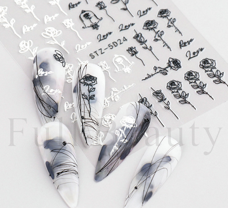 Black White 5D Embossed Rose Flowers Heart Leaf Nail Stickers Sliders Manicure