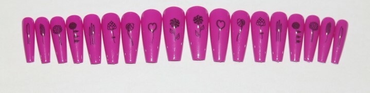 Pink with Flowers, Hearts- press on nail set- Set of 18 Ex-long Ballerina