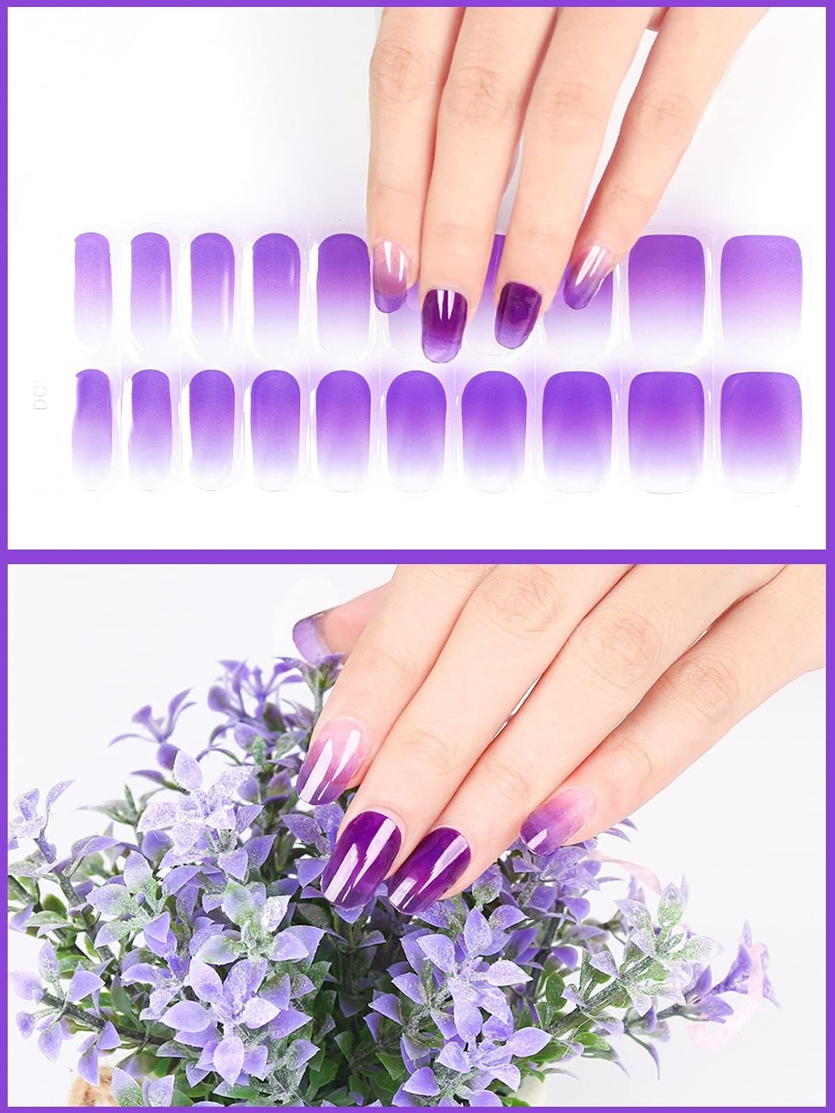 60PCS Gel Nail Polish Strips, Kalolary Gradient Purple Full Nail Wraps Gel Nail
