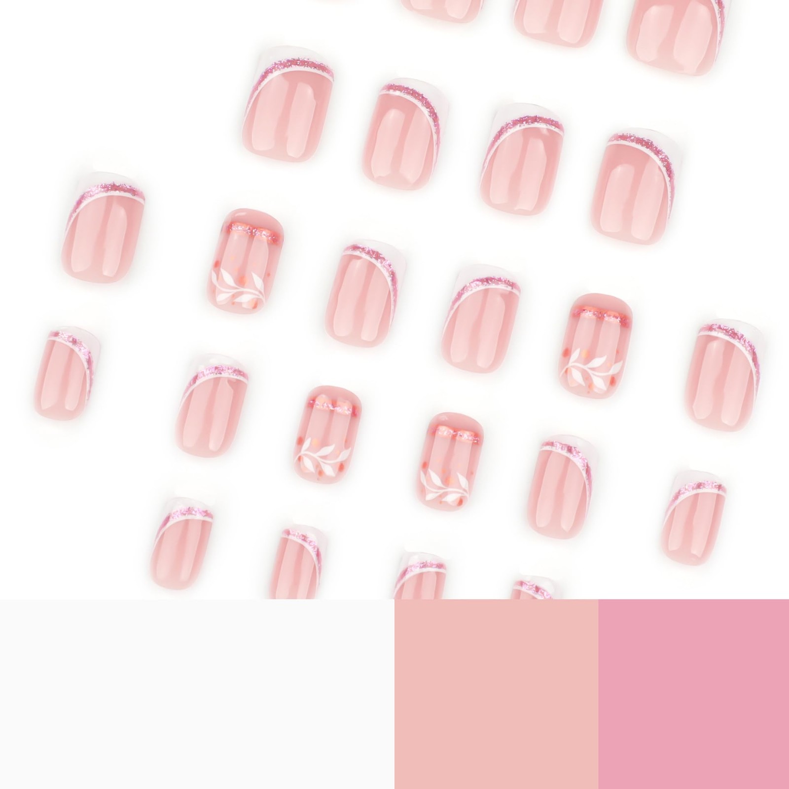 French Press on Nails Short Square – Nude Fake Nails Press ons with White Fre…