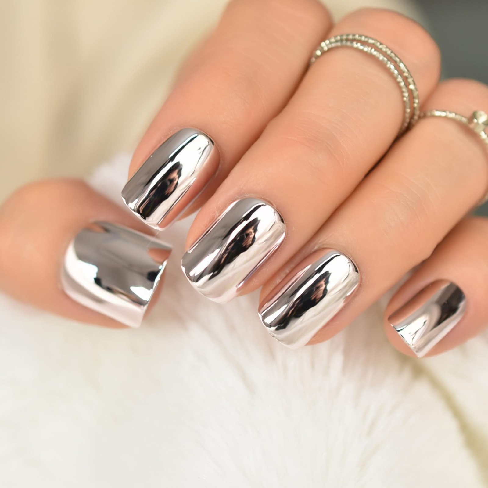 Mirror Soft Pink Metallic Press On Nails Short – Metal Punk Plated Acrylic Fa…