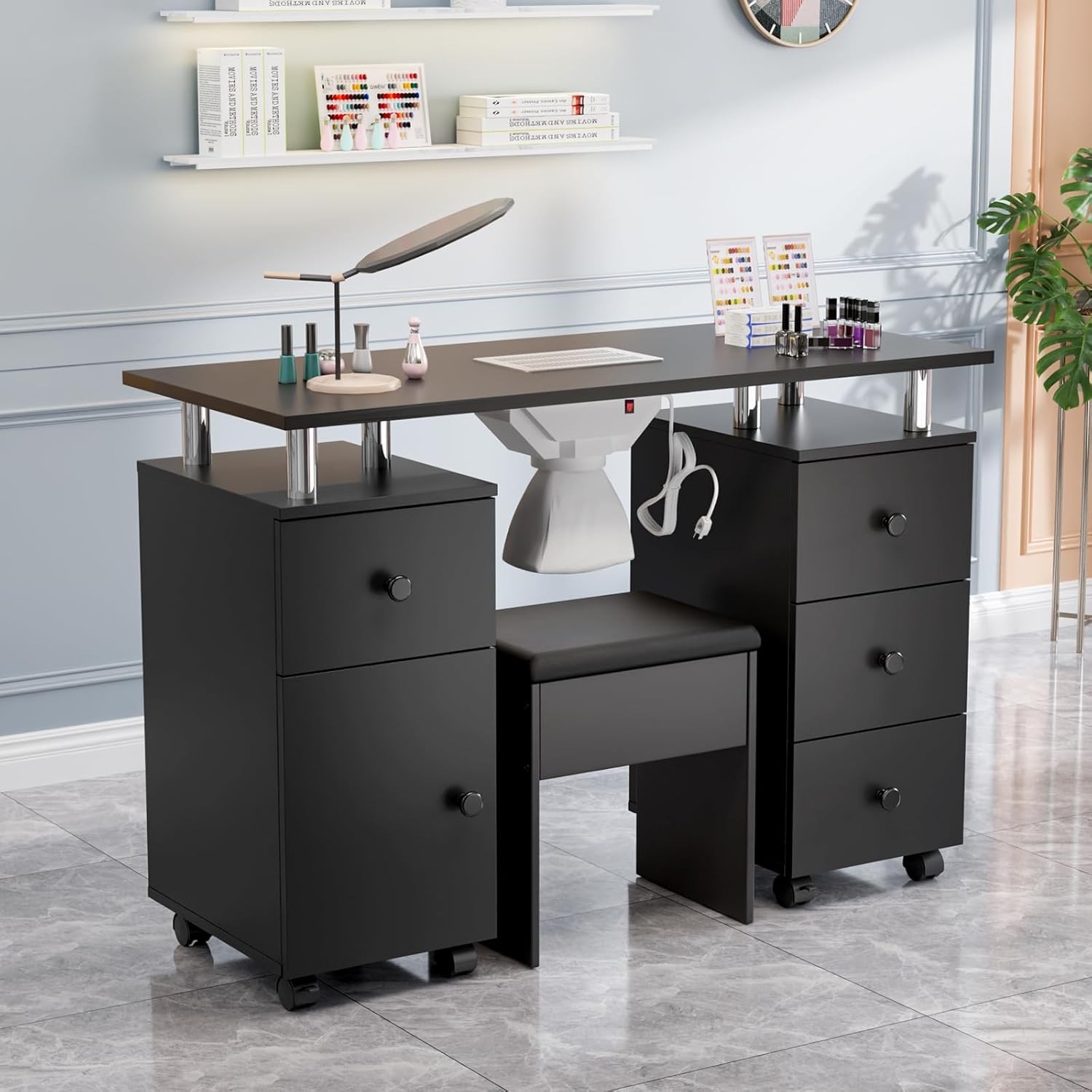 Nail Desk and Chair Set, Manicure Table with Stool, Dust Collector for Beauty