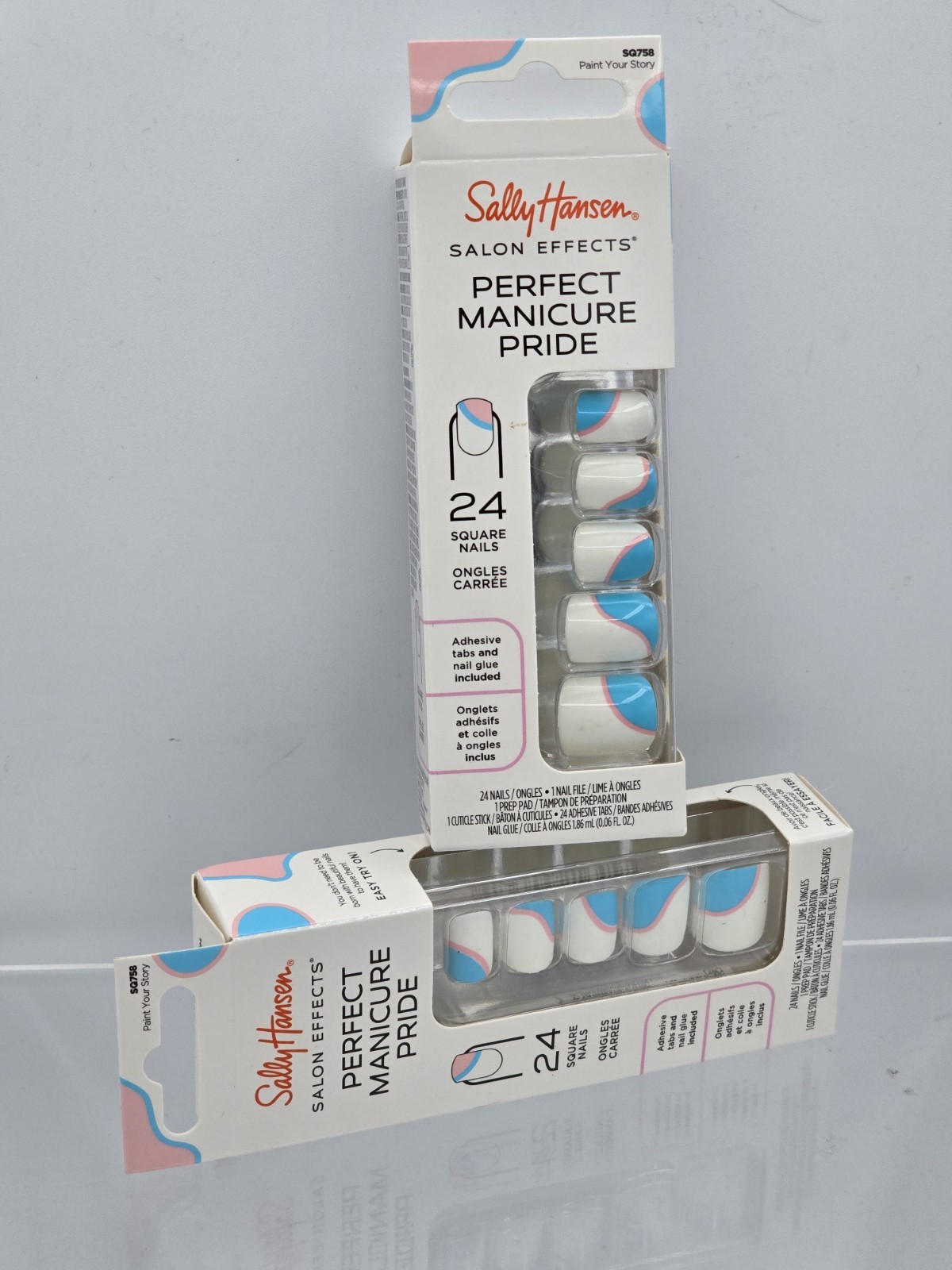 2 Lot Sally Hansen Perfect Manicure Press-On Nails – Square – Pink, Blue, White