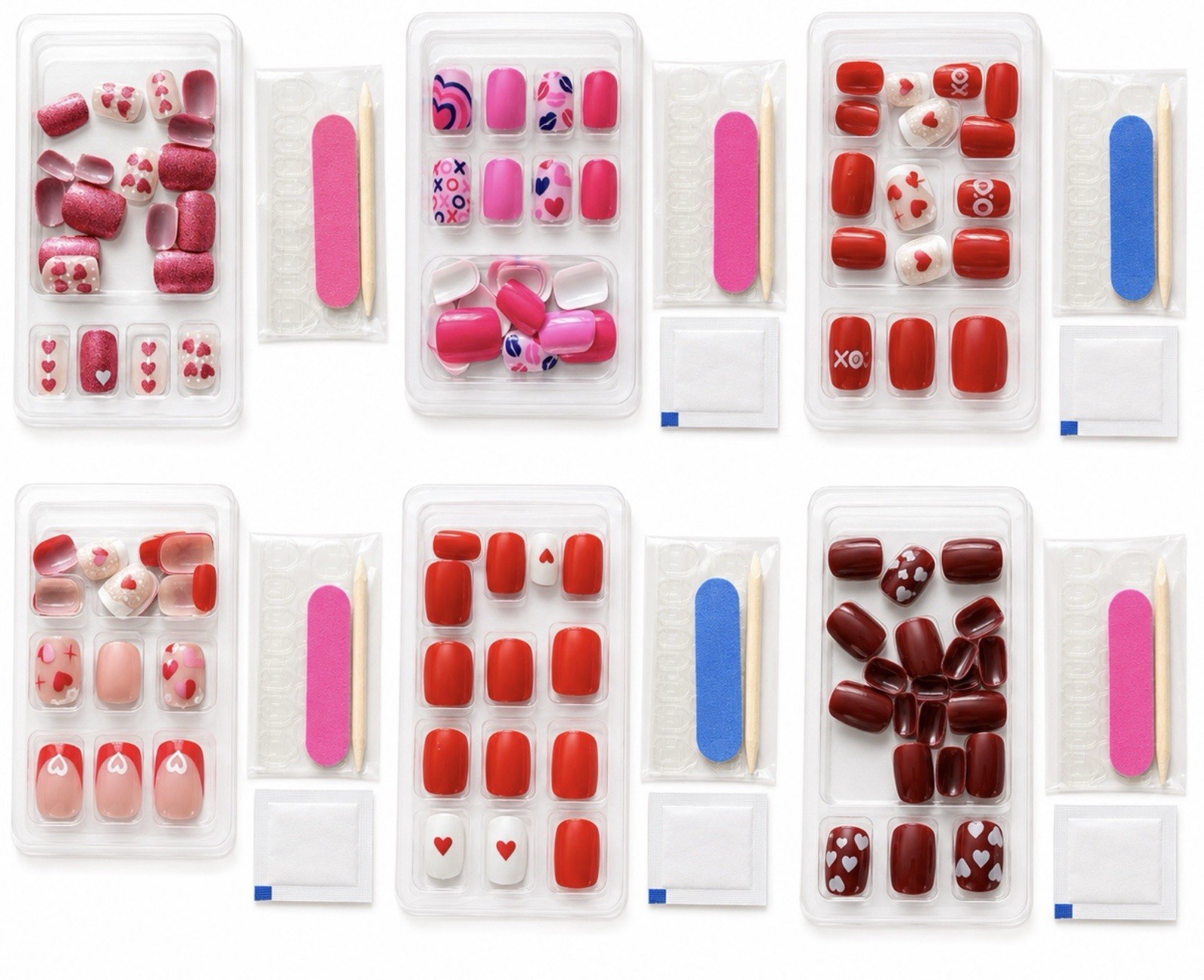6 Sets 144 Short Square Press On Nails Valentine Hearts Pink Red Fake Nails