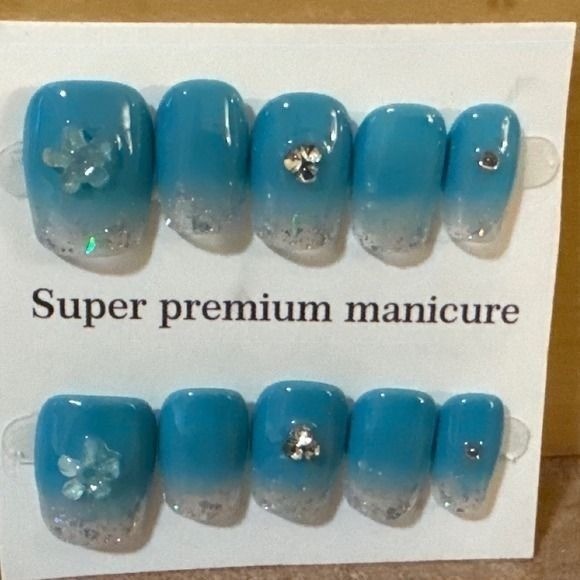 Blue Ombre Press On Nails 3D Flower Rhinestone Short Square