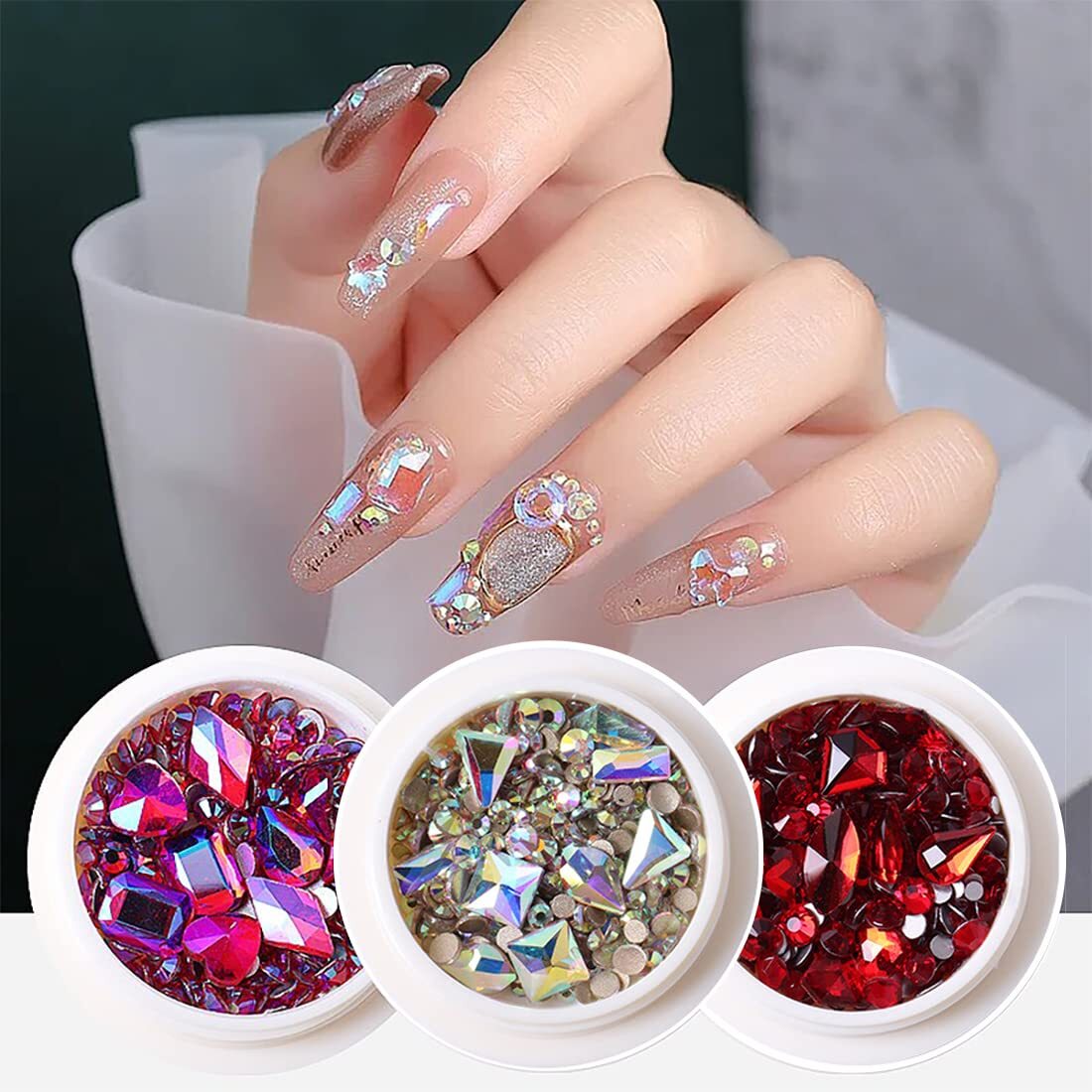 6 Boxes Green Blue Black Pink AB Red Rhinestones for Nails Flat Back Nail Cry…
