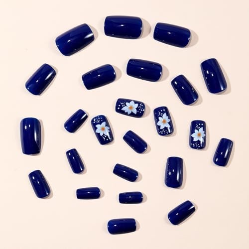 Square Dark Blue Flowers Fake Nails Design M10 – Medium Press on Nails