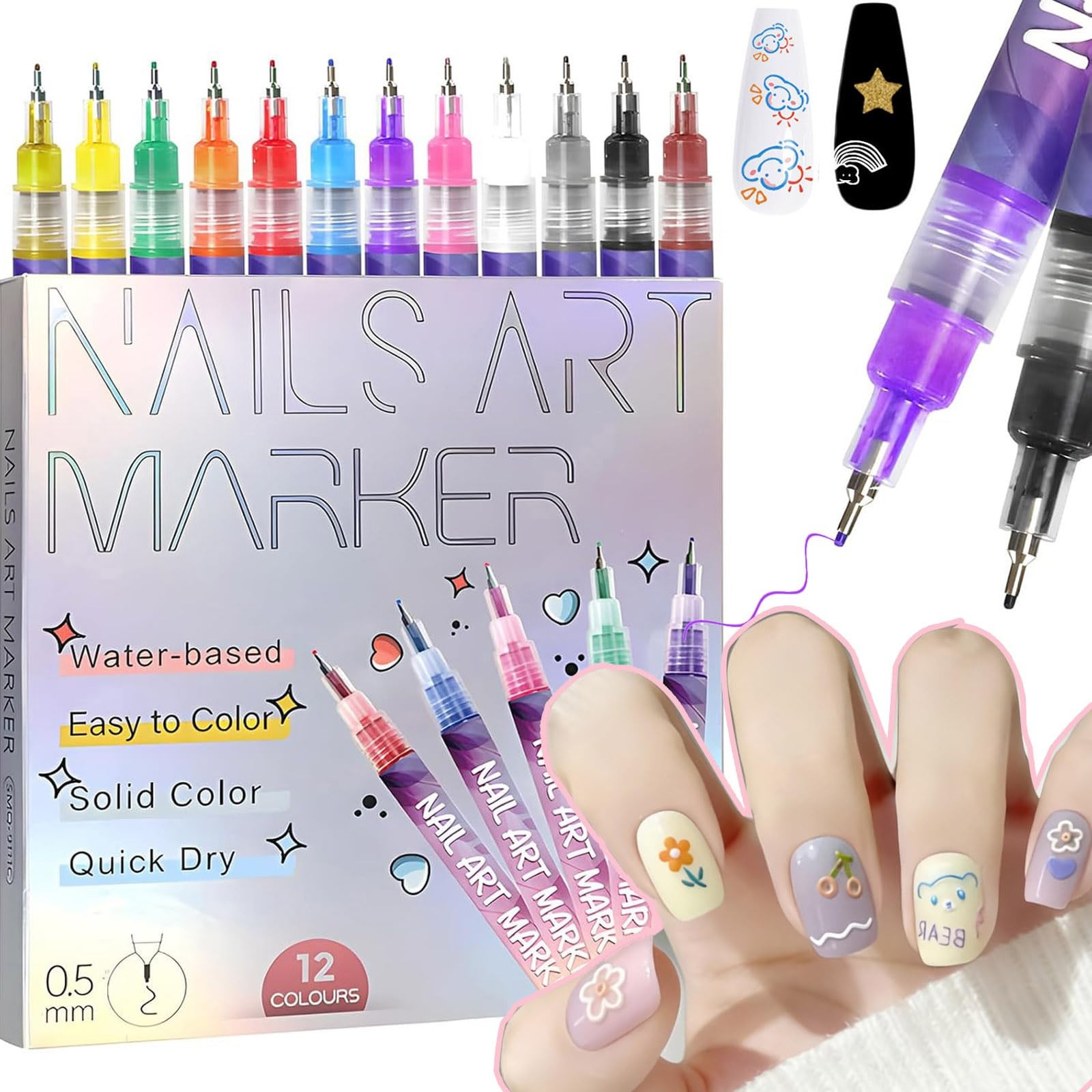 12pcs Nail Art Pens Set 0.5mm Fine Tip Quick-Drying Waterproof Colors