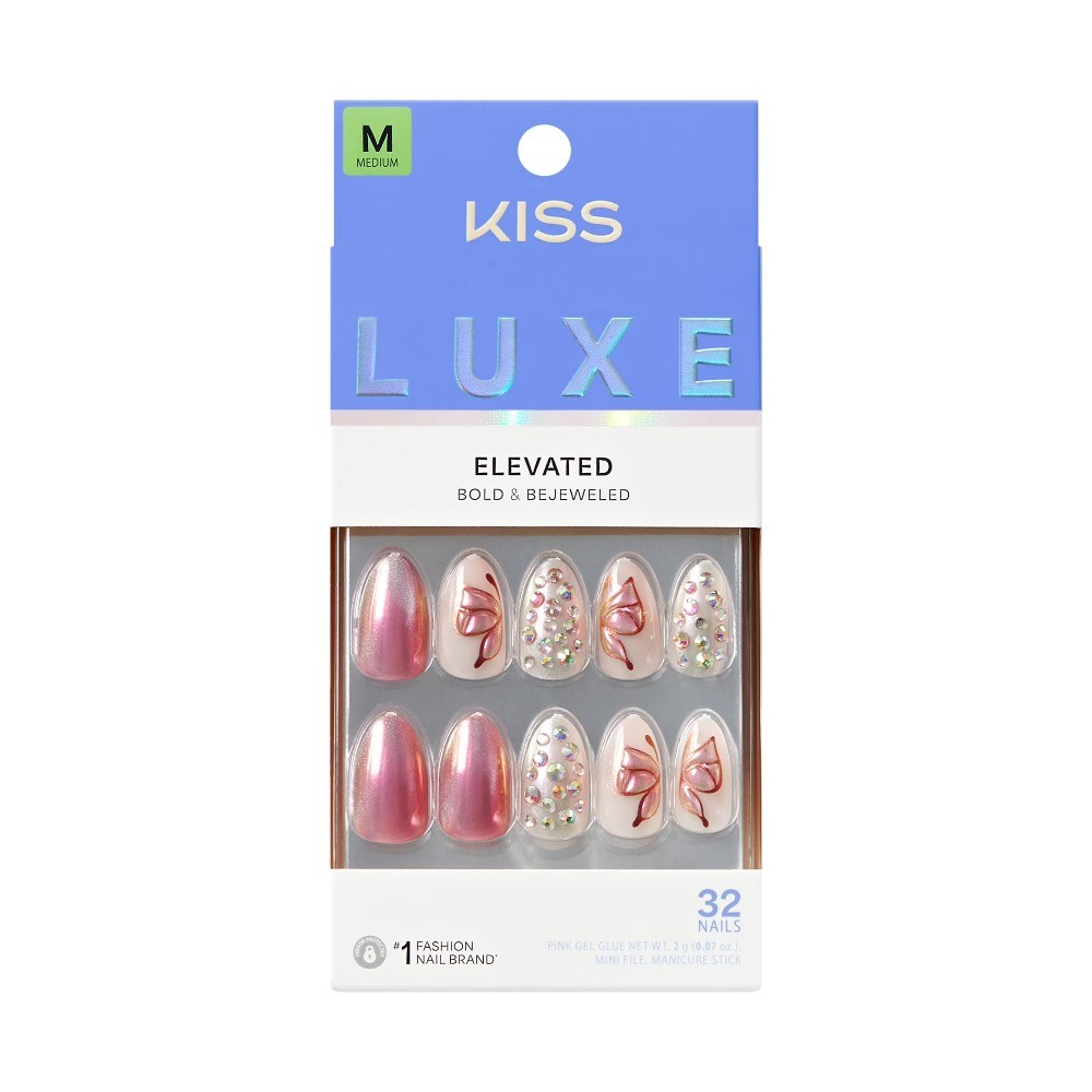 Kiss Luxe Press On Nails Almond, ‘Rose Knot’, Pink, Medium, 32 Count